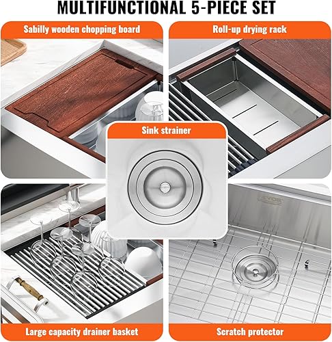 Miniatura 3 de VEVOR Fregadero rústico de 30 pulgadas, fregadero de cocina de acero inoxidable 304, fregadero de cocina de montaje superior con repisa y