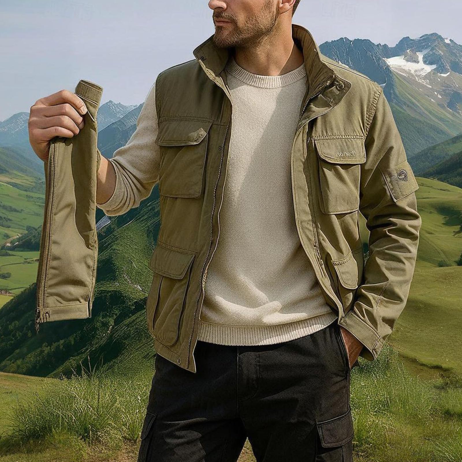 Generisch Wasserdichte Arbeitsjacke Männer Plus Größe Atmungsaktive Outdoor Softshelljacke mit Mehreren Taschen Langen Ärmeln und Reißverschluss Übergangsjacke zum Wandern Laufen