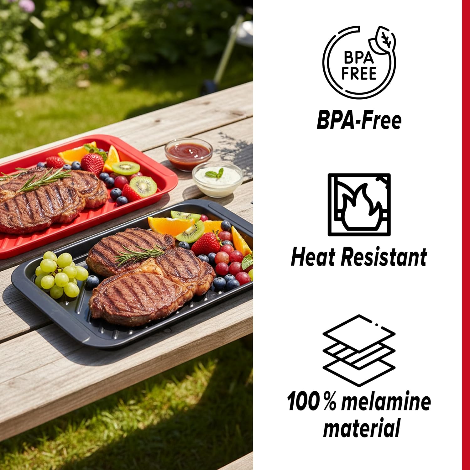 2PCs Prep and Serve Trays, 17" x 10.5" Melamine Deep Grilling Prep & Serve Trays, Melamine Trays | Serving Tray & Marinating Tray, BBQ Platters for Raw and Cooked Food, Serving Trays (Red, Black)