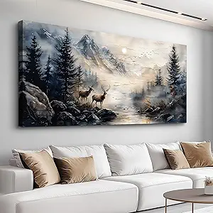 ERQINHUA Large Canvas Wall Art For Bedroom Wall Decorations For Living Room Modern Office Mural Abstract Ink Painting Elk Forest landscape Wall Pictures Printed Artworks Picture Home Decor 24"X48"