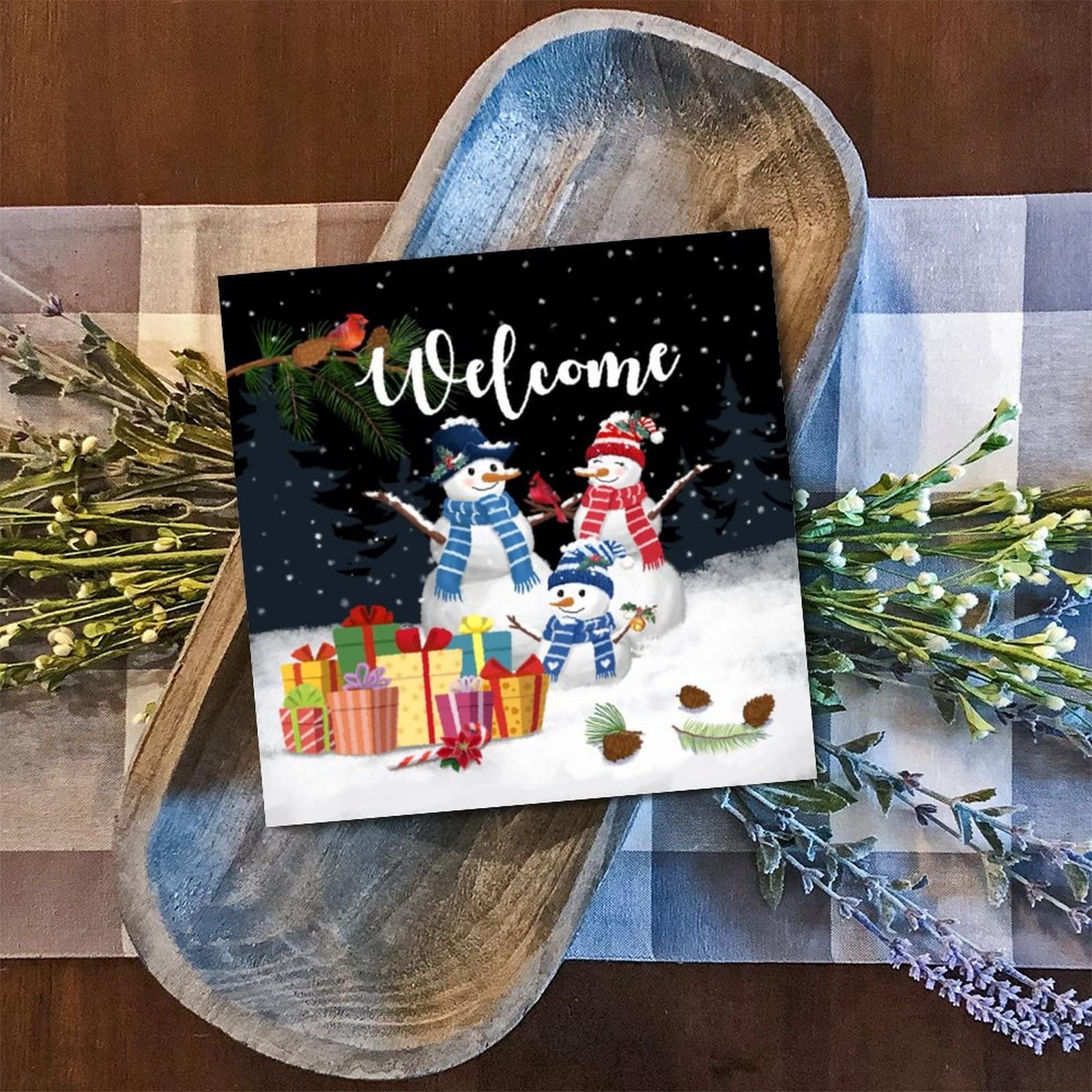 Panneau en bois Welcome Snowman déco vintage pour cuisine et salon
