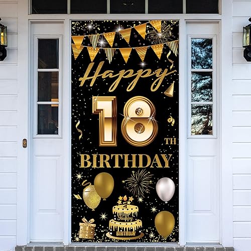 Cartel de puerta de fiesta de cumpleaños número 18, decoración de feliz cumpleaños 18 para niñas y niños, telón de fondo negro dorado para fotos,