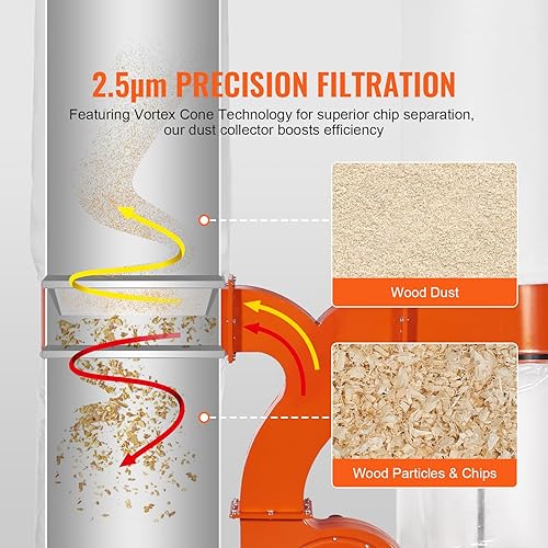 Miniatura 3 de VEVOR Colector de polvo, flujo de aire 3HP 1550 CFM, colector de polvo doble rodante con bolsa grande de recolección de polvo de 94 galones,