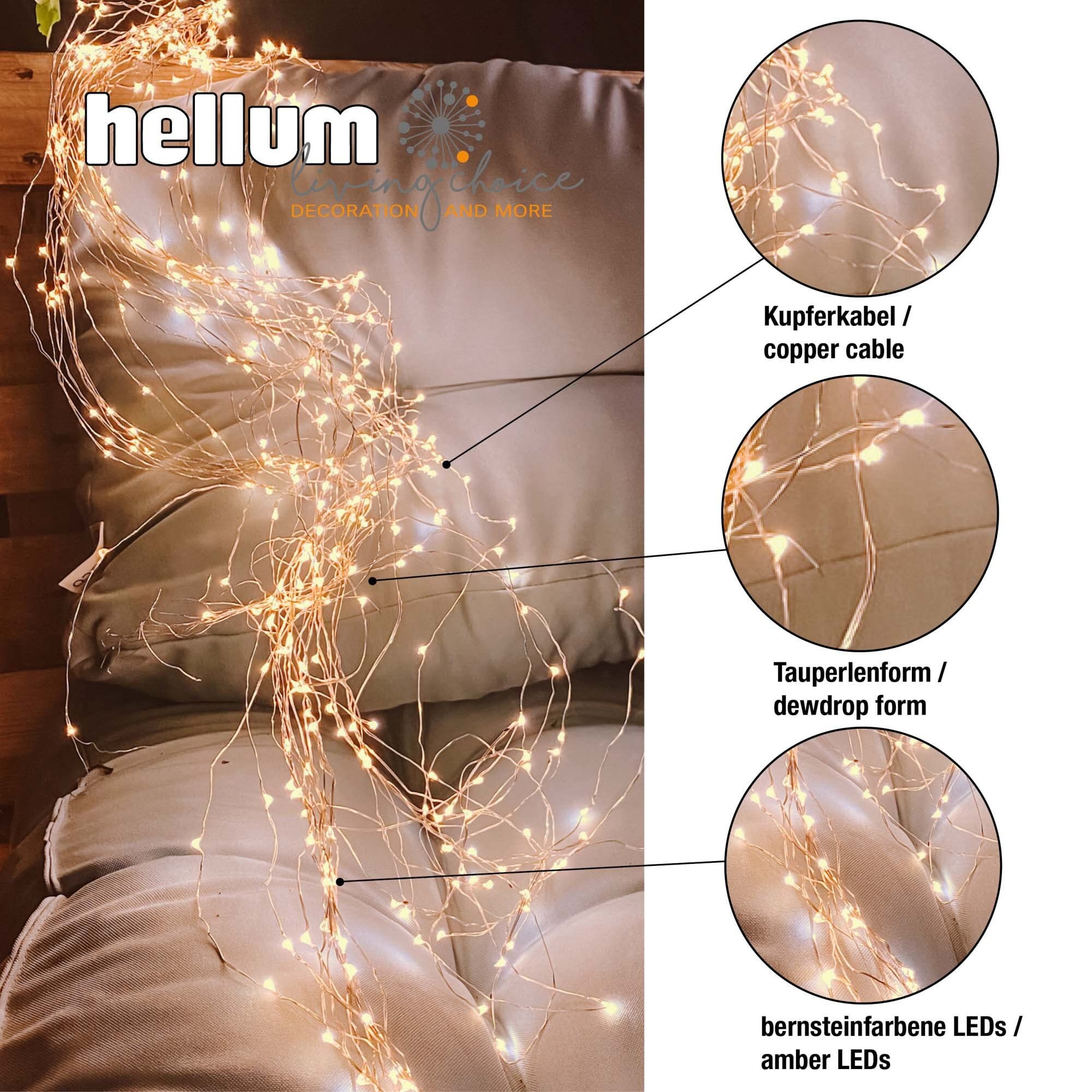 hellum LED Lichterkette außen Bernstein, Timer, Trafo, 59,80m beleuchtet | Lichterkette bernsteinfarben mit 300 LED, Kupferkabel mit Aufrollhilfe, für Hochzeit, Garten, Party, Weihnachten <59lm 578904