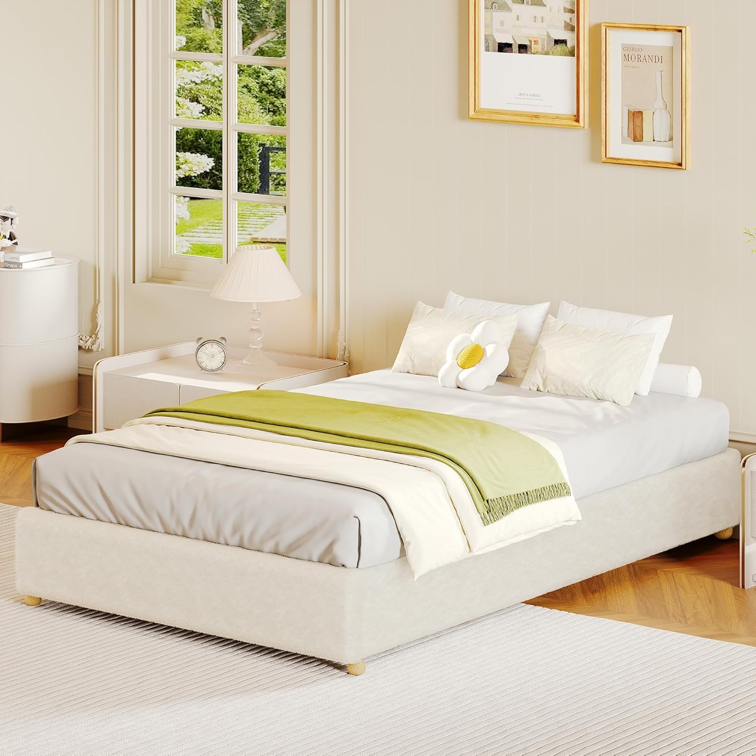 Garvee Twin Cloud Bed Frame, Corduroy Soft Fabric Low Bed Frames with Solid Wood Round Legs, Twin Size Platform Bed Without Headboard, No Box Spring Needed, Noiseless, Beige