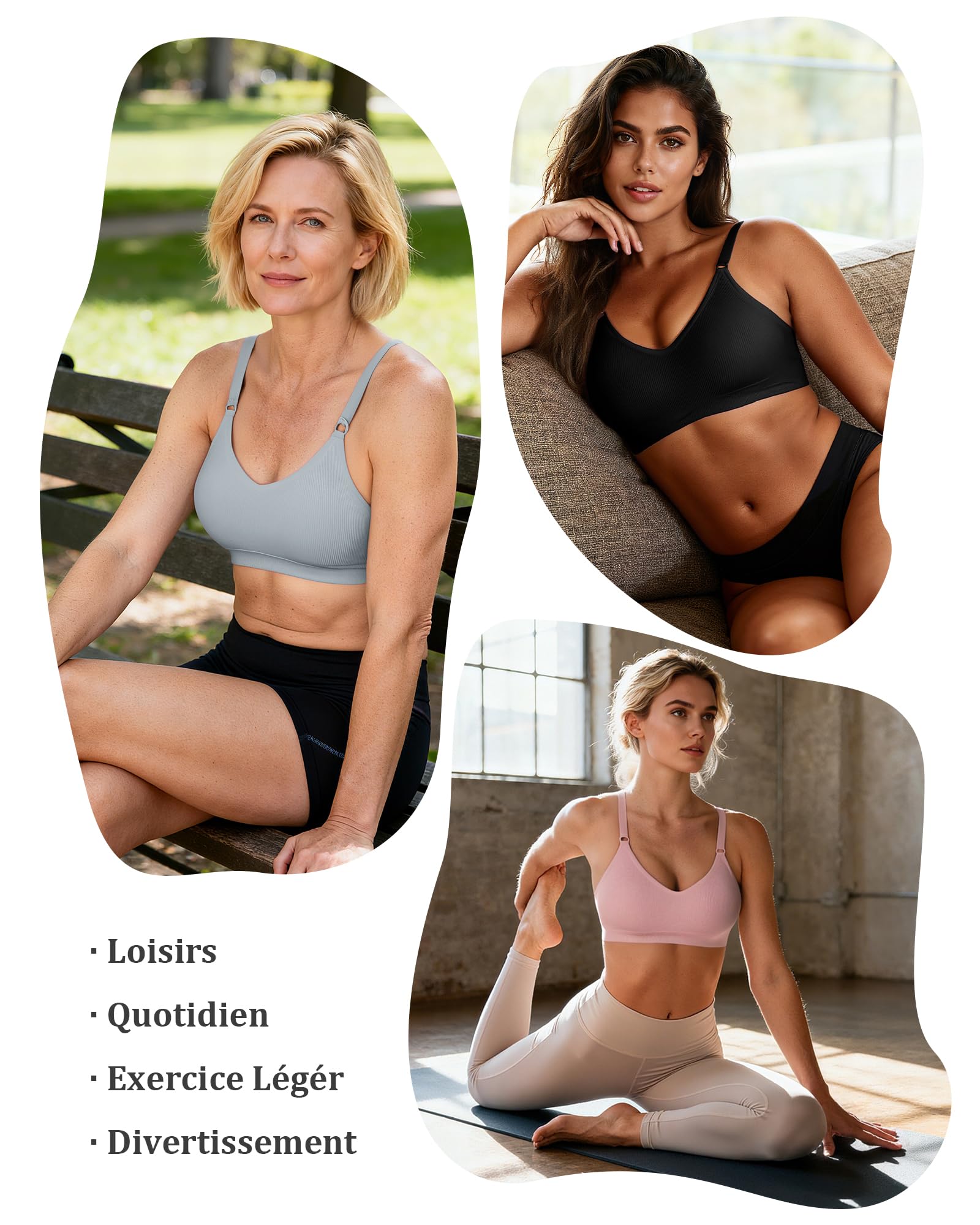 Channo Soutien-Gorge Sport sans Armatures - Pack de 3 en Nylon Côtelé Uni sans Couture Bretelles Réglables
