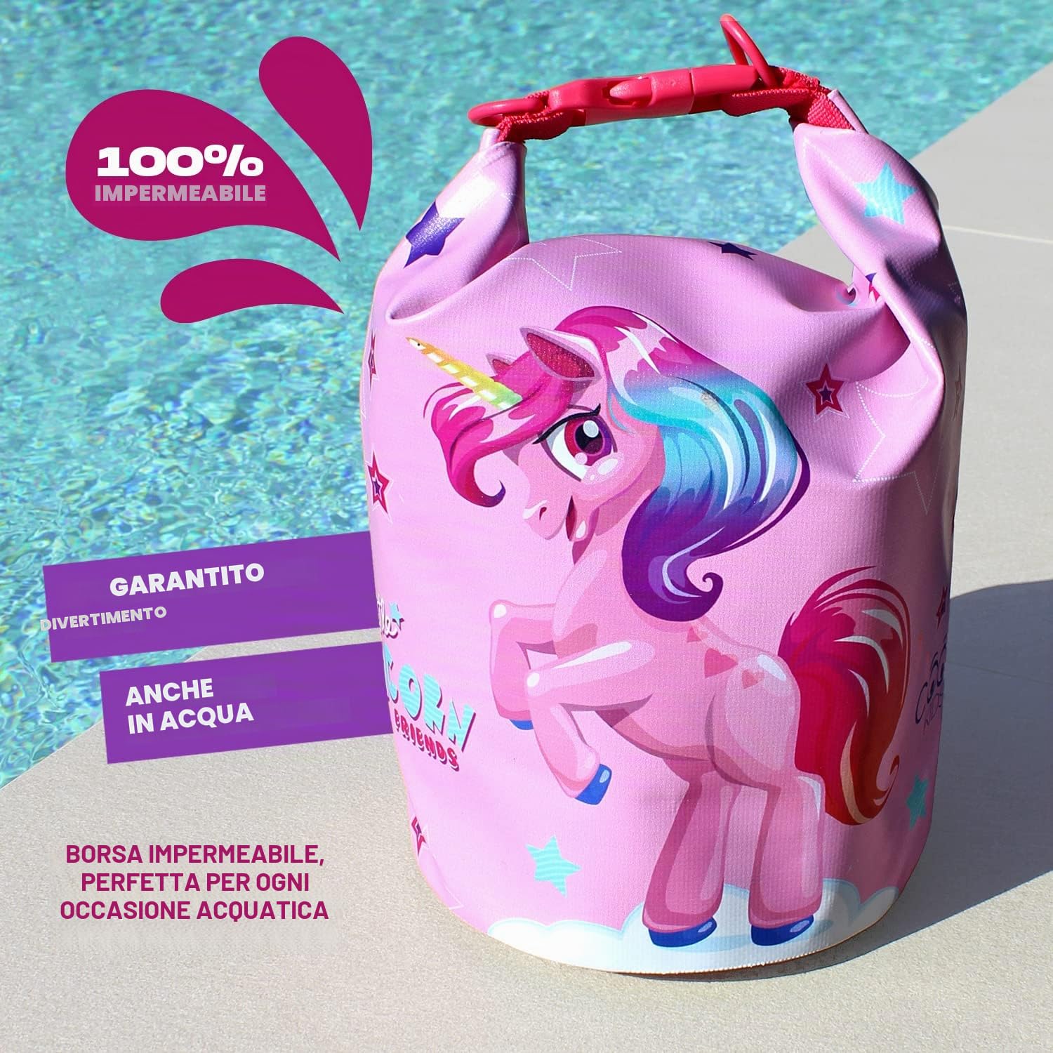 Sacca Impermeabile Mare da Bambina con Sirena Unicorno - Borsa Mare Spiaggia Rosa e Fucsia da Bimba - Zaino Kayak Nuoto Barca Snorkeling - Dry Bag Regolabile per Bambine - 25x18x18 cm