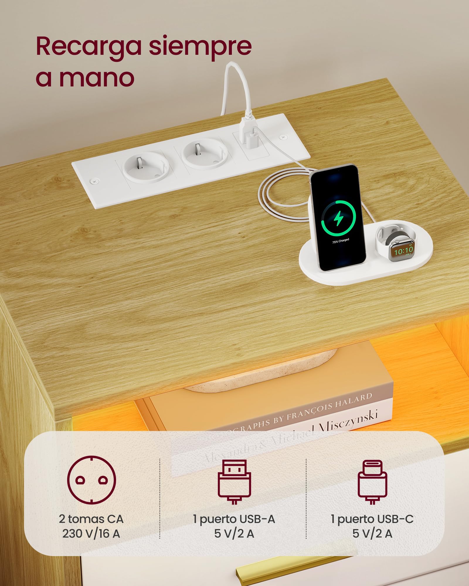 VASAGLE Custos Colección - Juego de 2, Mesita de Noche con Estación de Carga, Luz LED, Mesa Auxiliar con Cajones, Estante Abierto, 2 Tomas CA y Puertos USB, Roble Natural y Blanco Nube LET829YD02