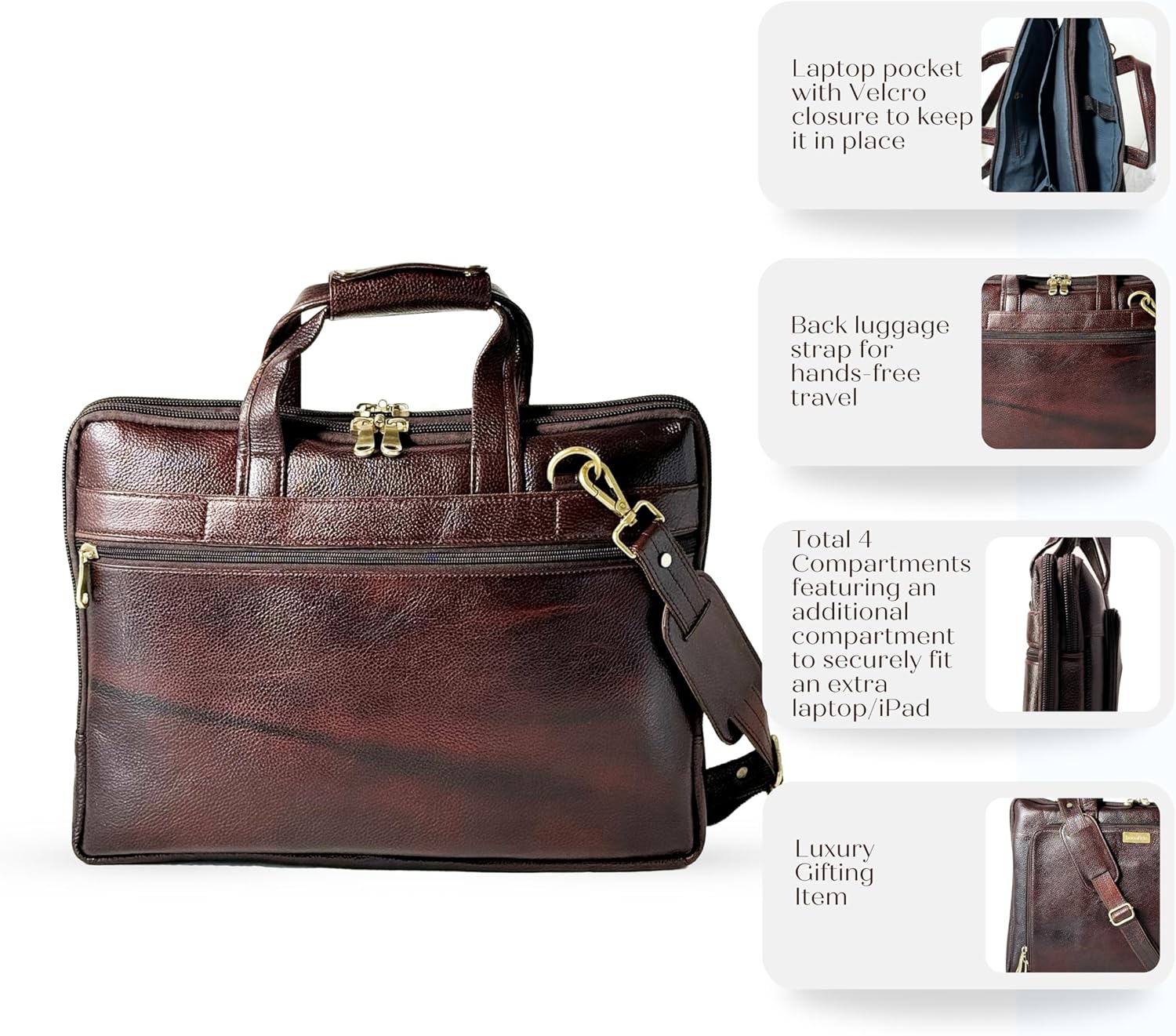 Premium Handmade Genuine Leather Briefcase 16 inch Laptop Compartment Adjustable Shoulder Strap Luggage Strap Briefcase Satchel Messenger Bag Leather Shoulder Bag