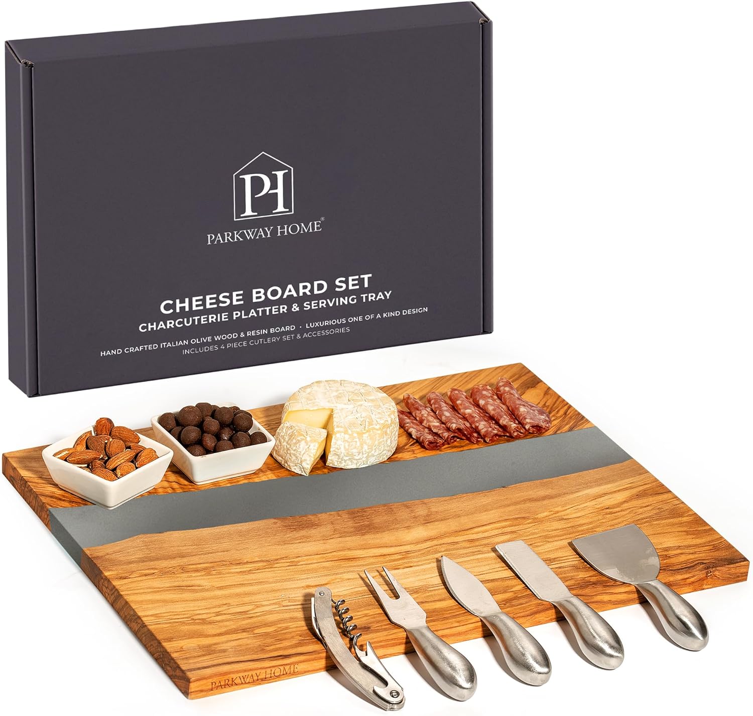 Handcrafted Italian Olive Wood Cheese &amp; Charcuterie Board Set with Unique Gray Resin Artwork - Cutting Board Comes with 4 Cheese Knives, 2 Dipping Bowls &amp; Corkscrew Wine Opener (Gray)