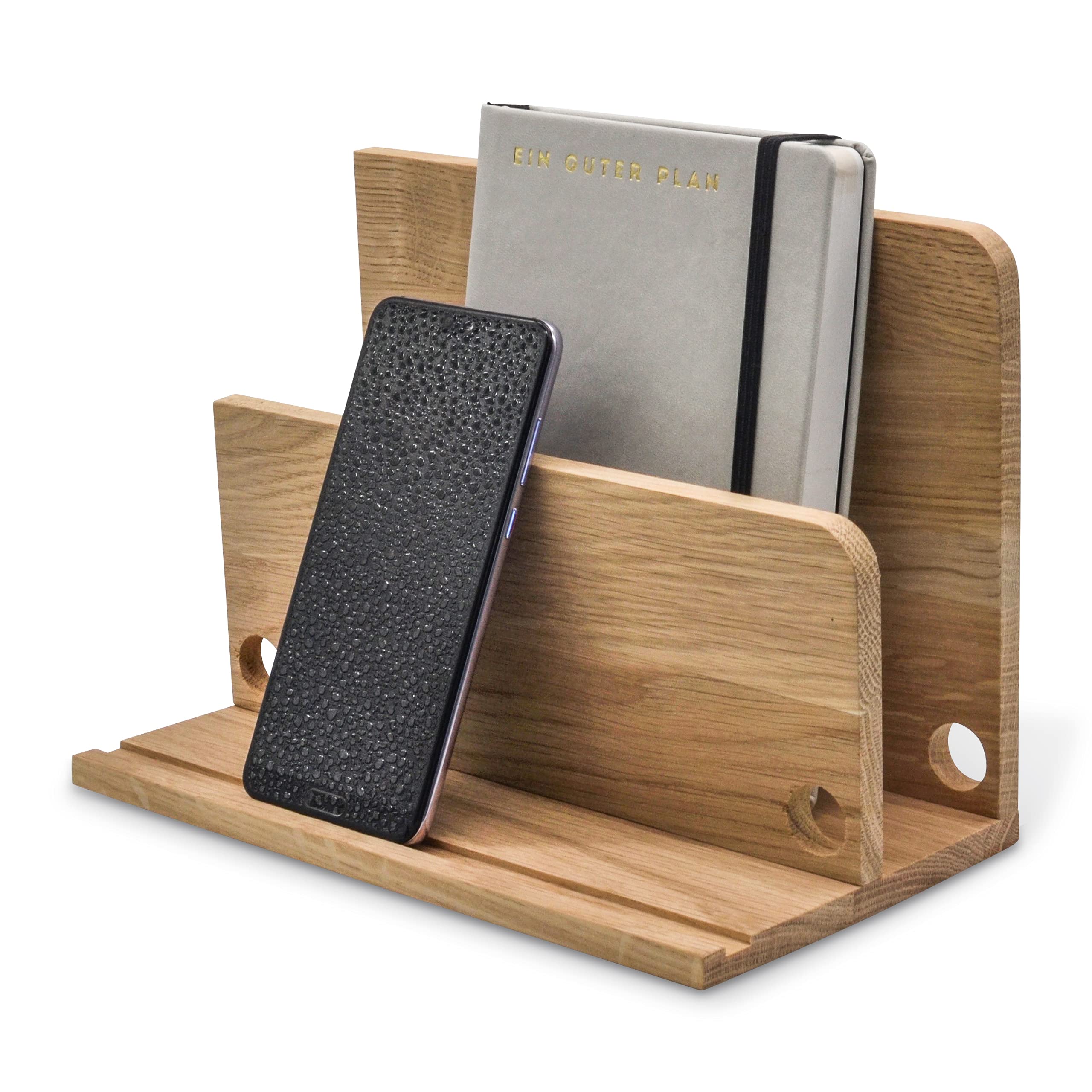 Briefablage Schreibtisch Organizer - Maestro - Tablet & Smartphone Ladestation Handy Briefhalter aus Holz (Eiche unbehandelt)