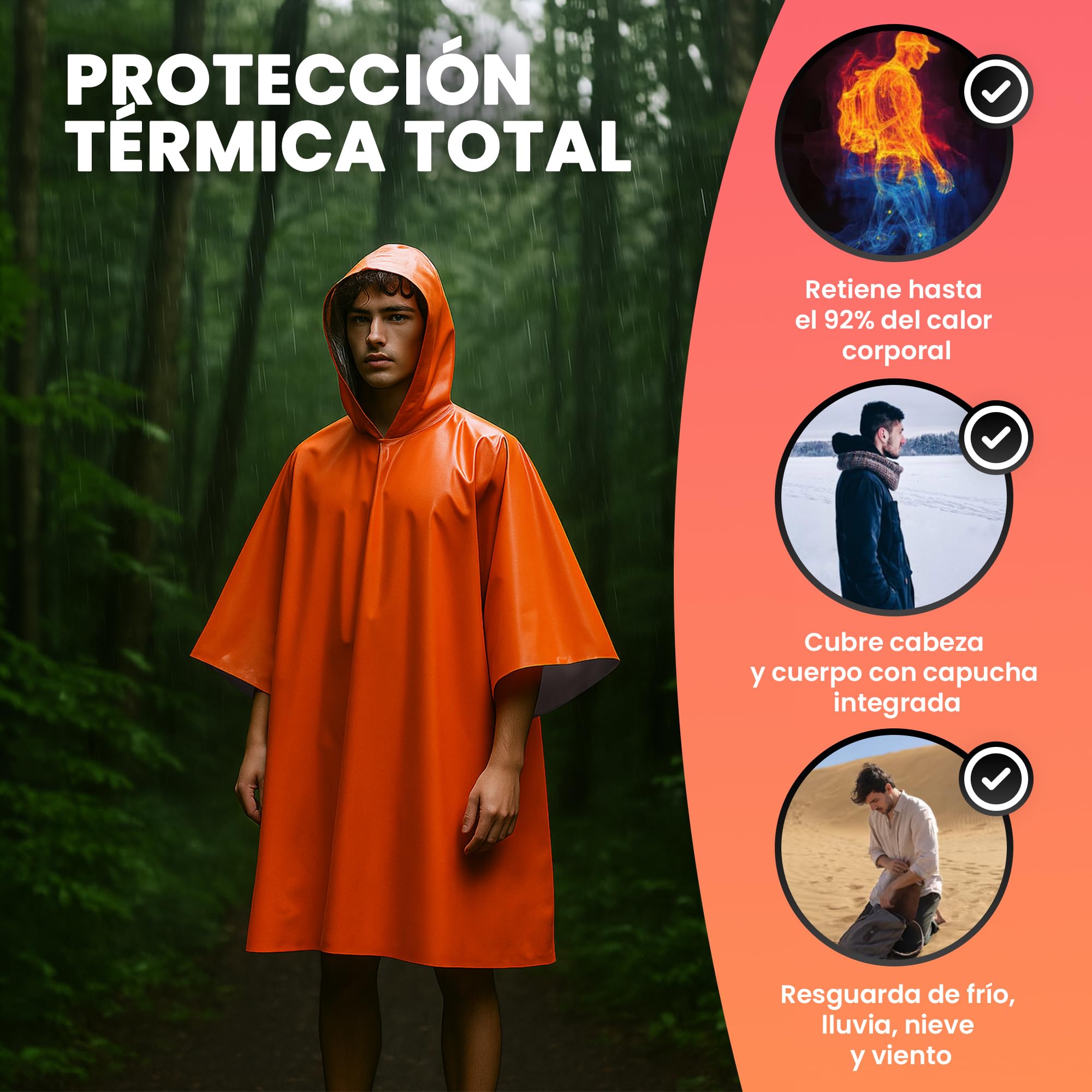 Poncho Impermeable 4 Pc - Kit Supervivencia 72 Horas Equipada - Poncho Lluvia - Manta Termica Supervivencia Reversible con Capucha para Retención de Calor y Lluvia - Resistente al Viento.
