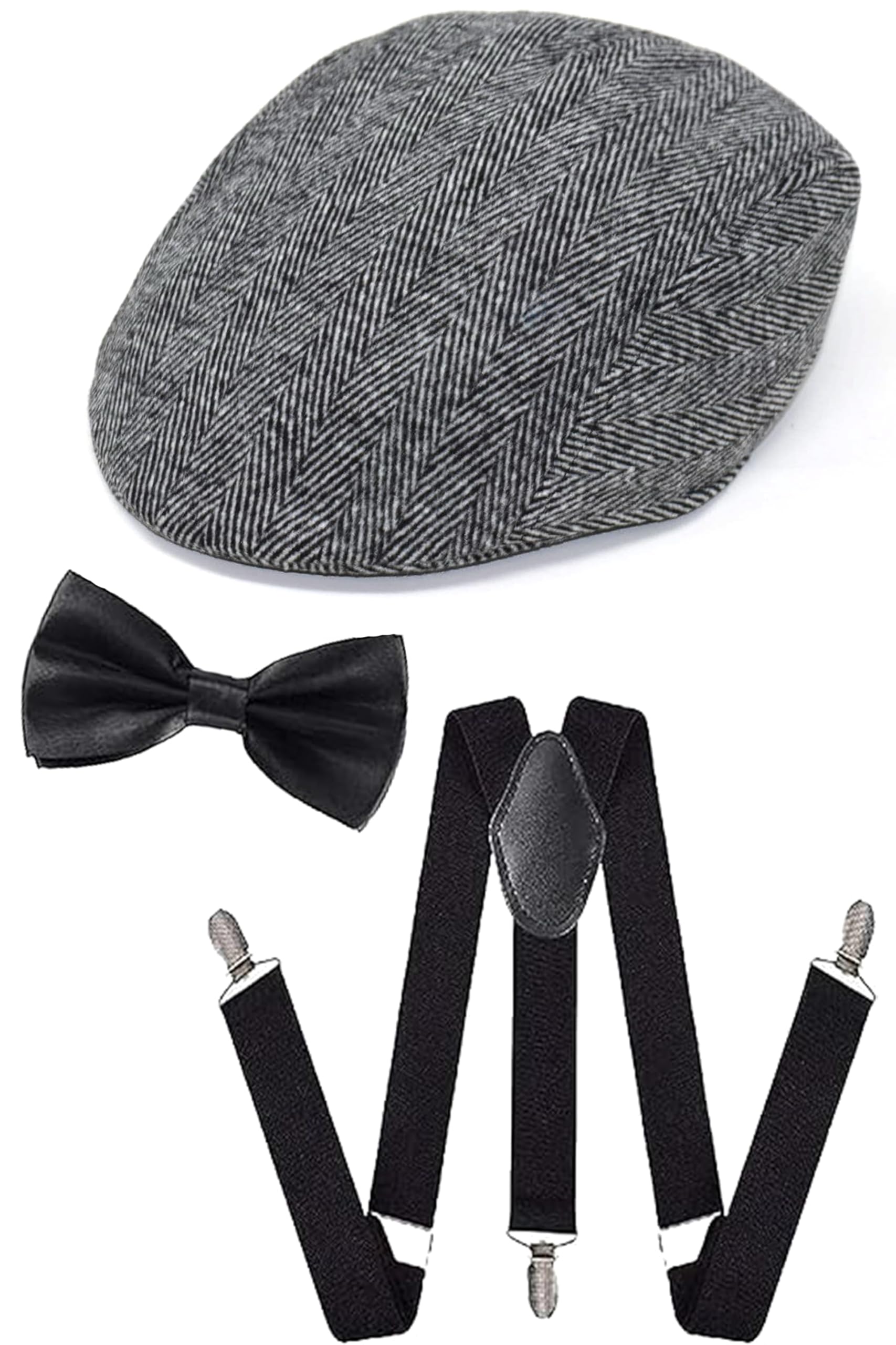 Mega_Jumble Victorian, Gentleman, Old Man, 20's Tommy Shelby Fancy Dress Stag Night, Mens Gangster Costume Kit - Flat Cap, Black Bow Tie & Black Braces