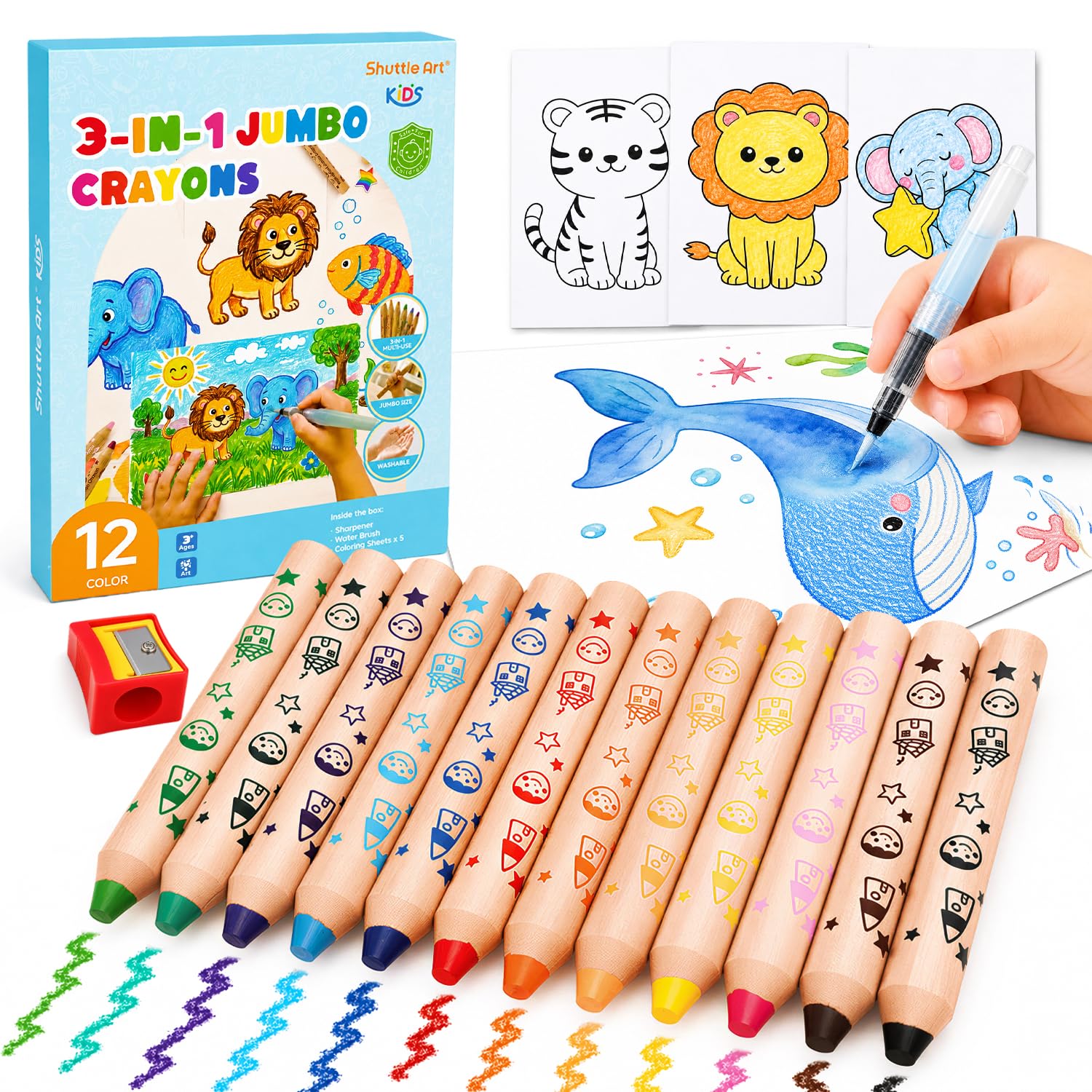 Shuttle Art 3-in-1 Jumbo Pencil Crayons for Toddlers, 12 Colours Washable Chunky Colouring Pencils for Kids, Non-toxic Crayon Set with Colouring Papers, Sharpener & Water Brush for Party Bag Fillers