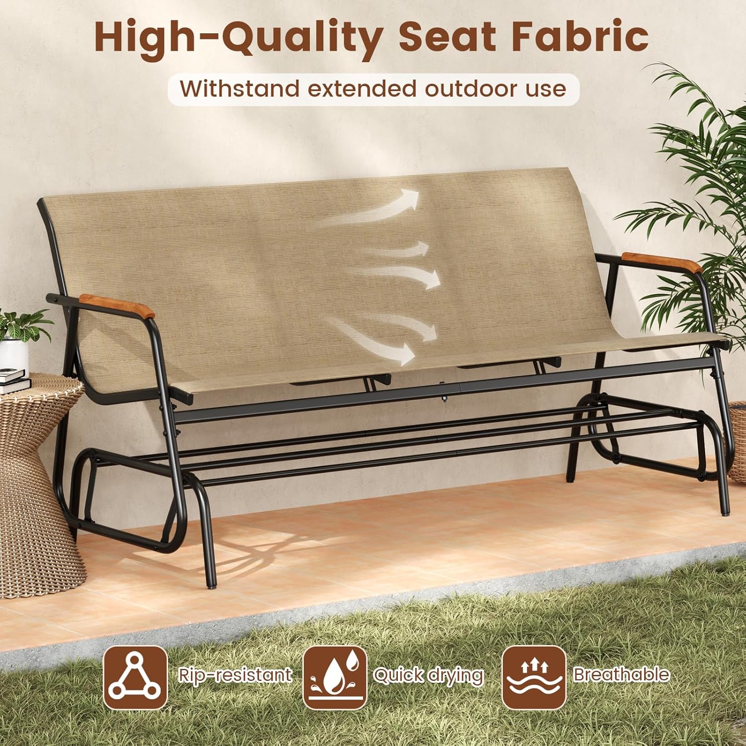 LDAILY Outdoor Glider, 2/3-Person Gliding Bench with Heavy-Duty Metal Frame & Teak Wood Armrests, Breathable Quick-Dry Fabric, 42.5"L x 45"W x 33"H Patio Glider for Poolside, Garden (29”x66.5”x33”)