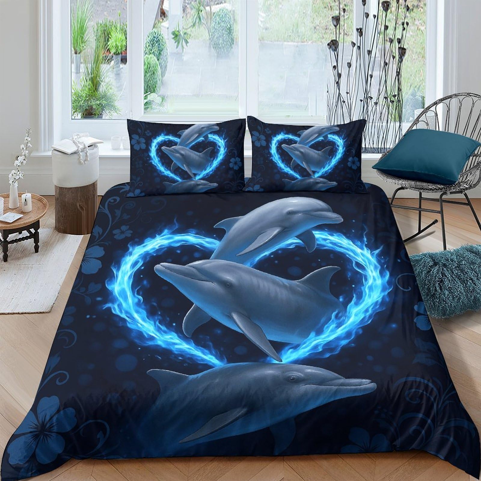 Ctjqhvkz Style-9 3D Printed Blue Dolphin Heart Fitted Sheet Microfiber Soft Mattress Cover For Bedroom Dorm Guest Room Decor Single（135X200cm）