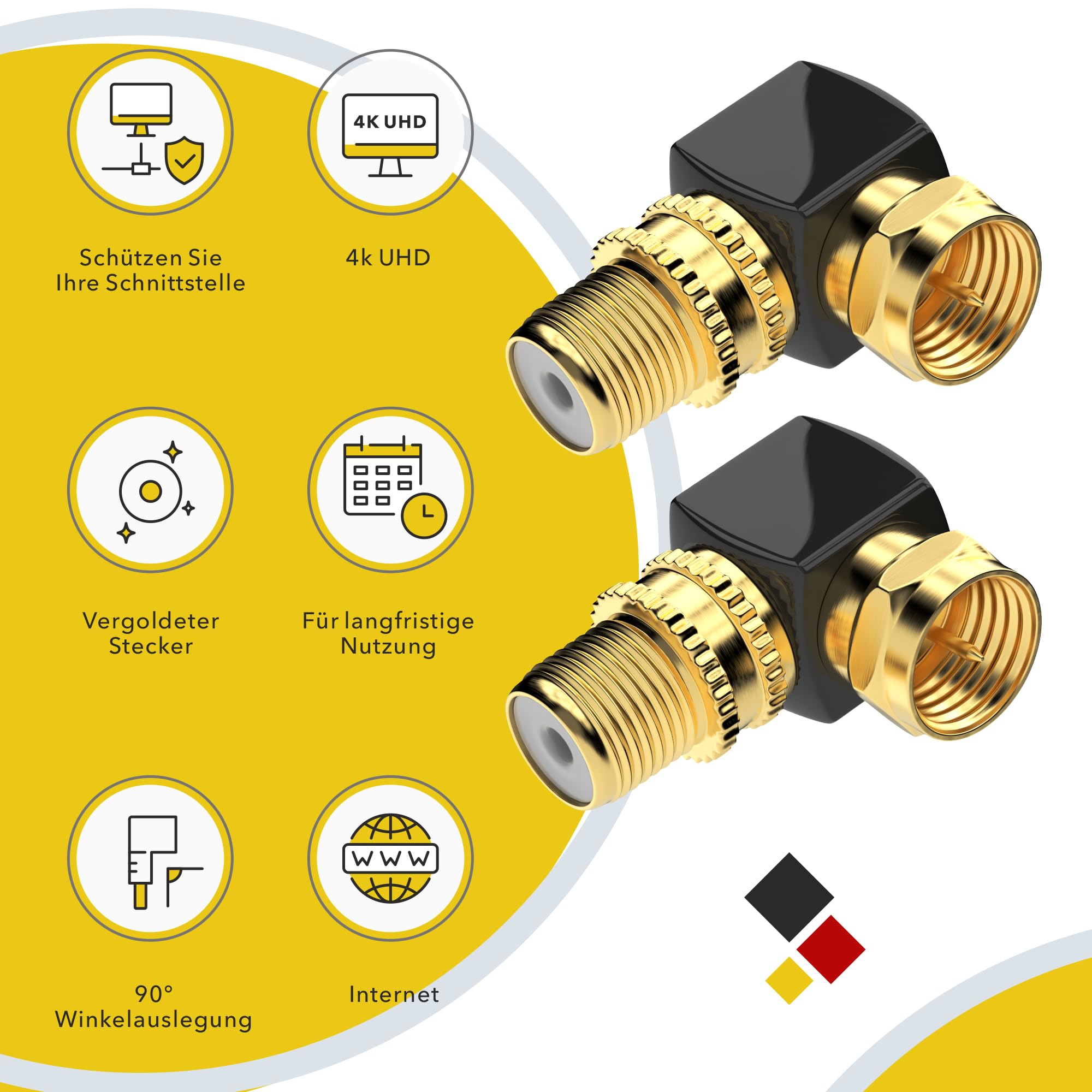 RedStar24 Sat F - Adattatore angolare a 90° per cavo coassiale, spina ad angolo F, adattatore a F, ad angolo, cavo antenna satellitare, accoppiamento placcato oro, 2 pezzi