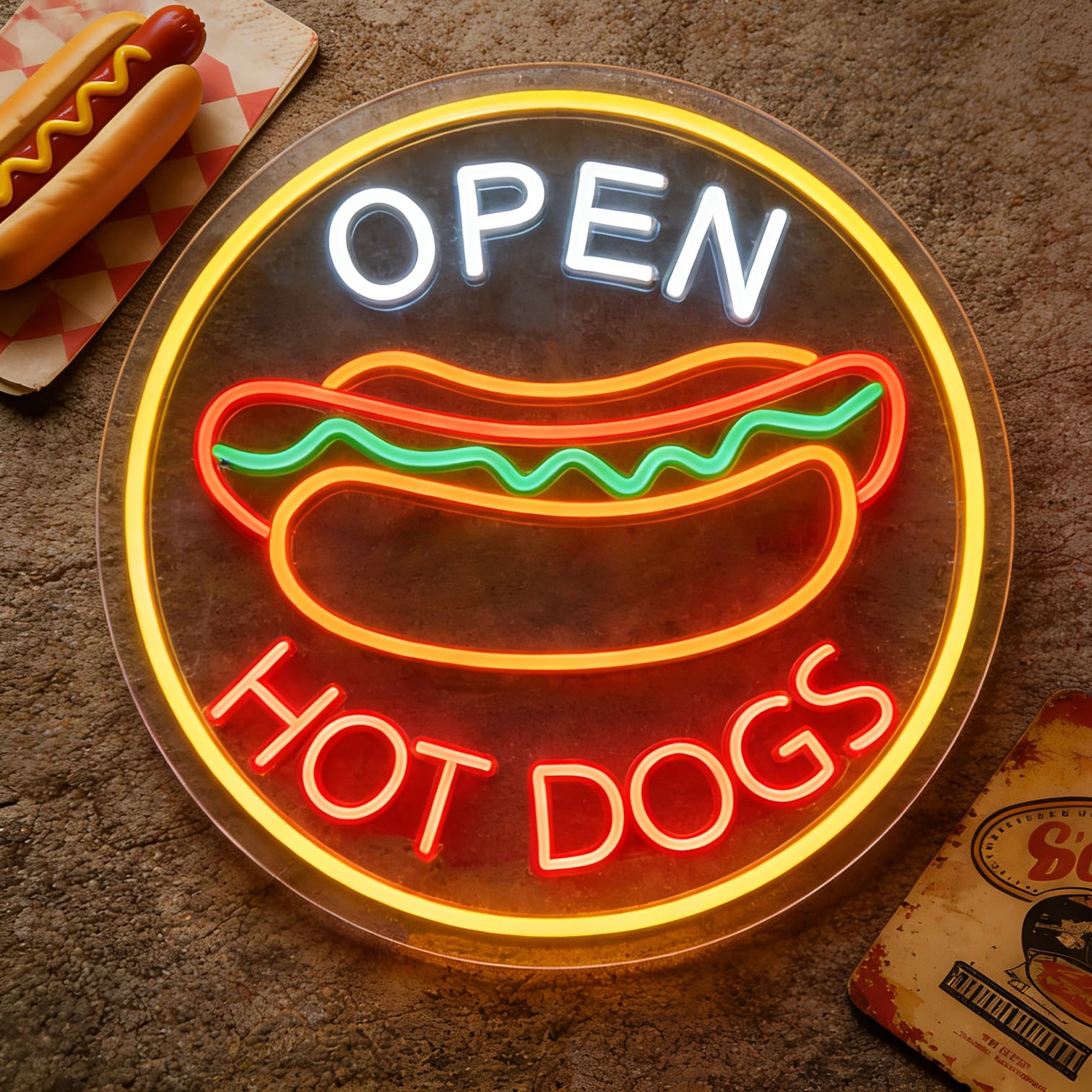 Hot Dog Open Neon Sign Dimmable LED Neon Light for Business Vintage Round Hot Dog Neon Sign for Hot Dog Shop Restaurant Bar Food Truck Storefront Window Wall Decor USB Powered（12.6 * 12.6inches）