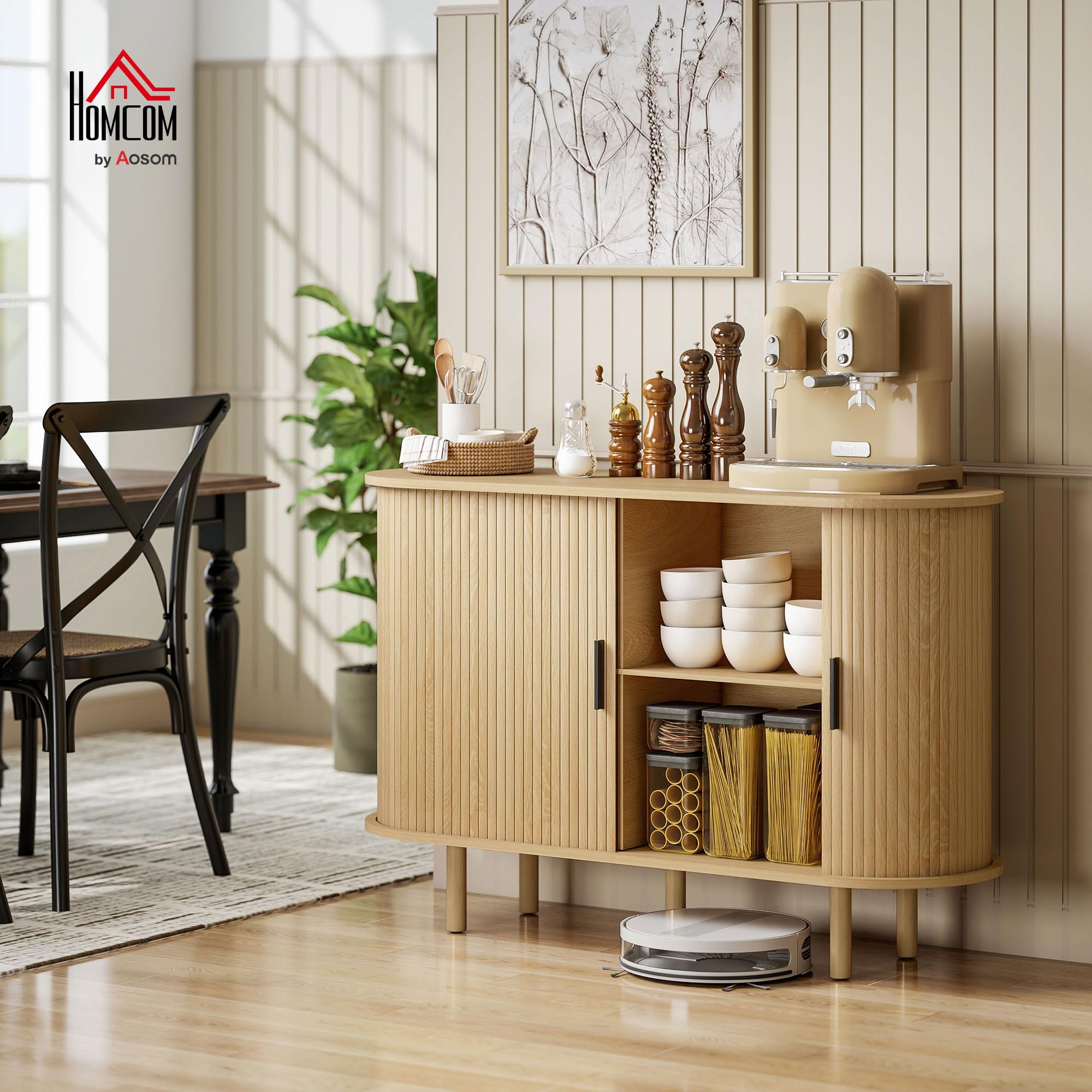 HOMCOM Aparador con Puertas Tambour Deslizantes, Aparador para Salón Moderno, con 4 Compartimentos y Patas de Madera, para Cocina, Entrada, Dormitorio, Roble, 120x40x78 cm