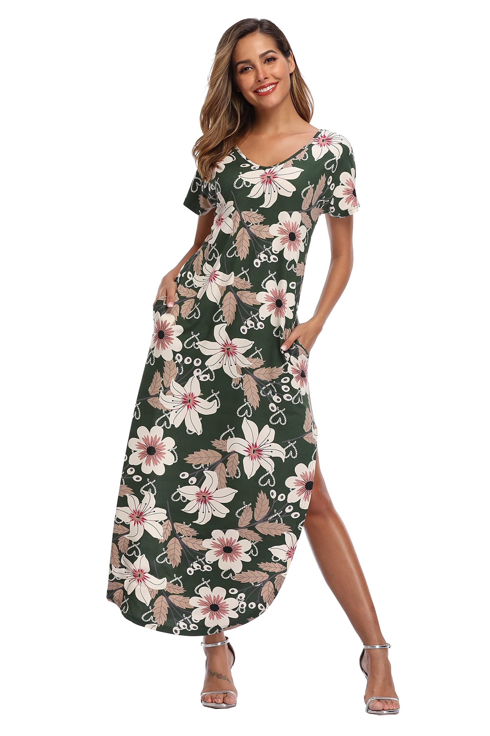 Teemie Vestido De Verano para Mujer Casual Corta Manga Maxi Vestidos Playa Bohemio Boho Larga Largo Floral Falda Estampado Informal Cuello De Pico con Abertura Playeros Cóctel Fiesta