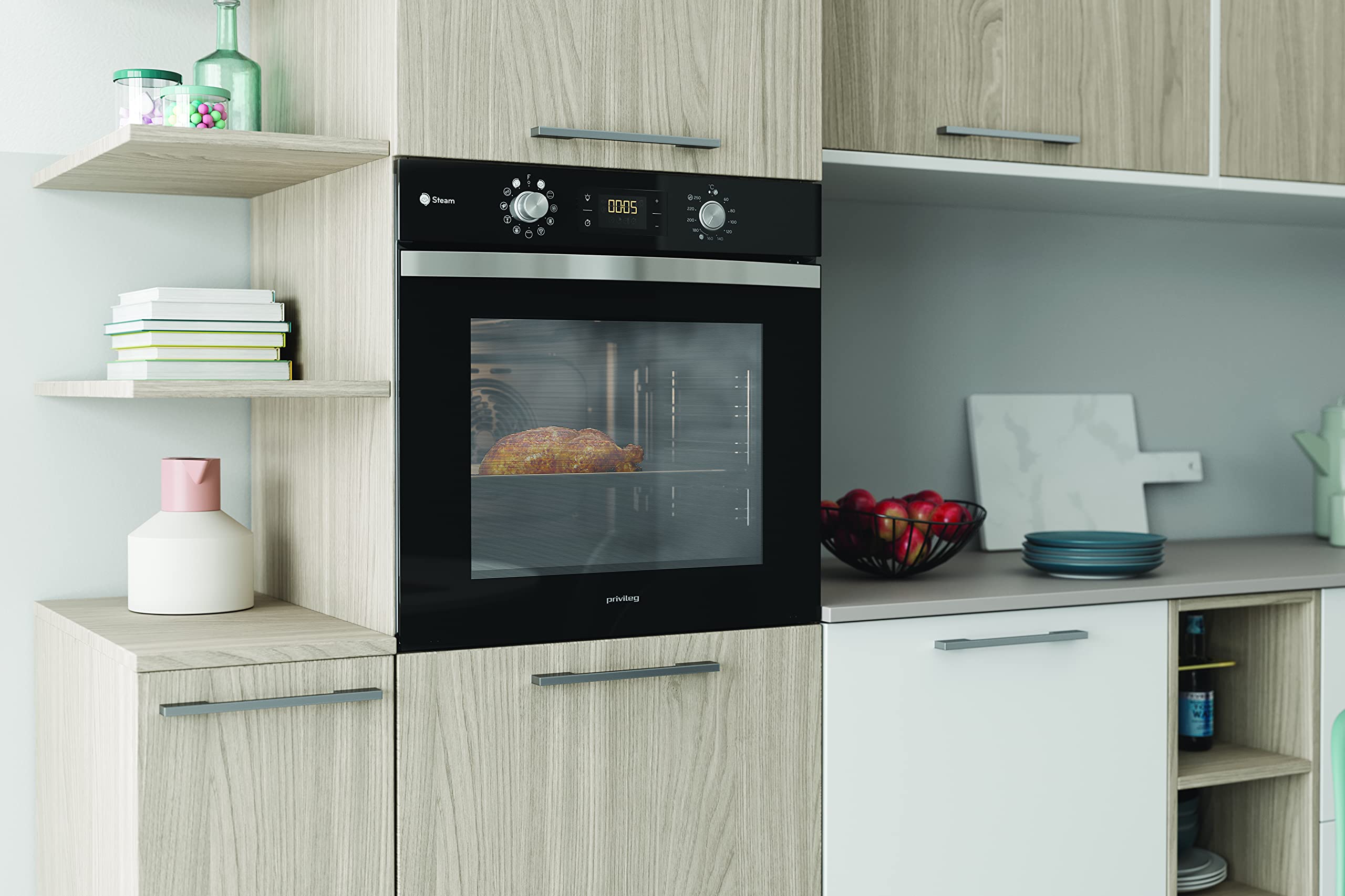 Privileg BAKO Turn&Go Steam 500 Einbau-Backofen 71 L Hydrolyse-Reinigung Heißluftbackofen 11 Funktionen Glaskeramik-Kochfeld