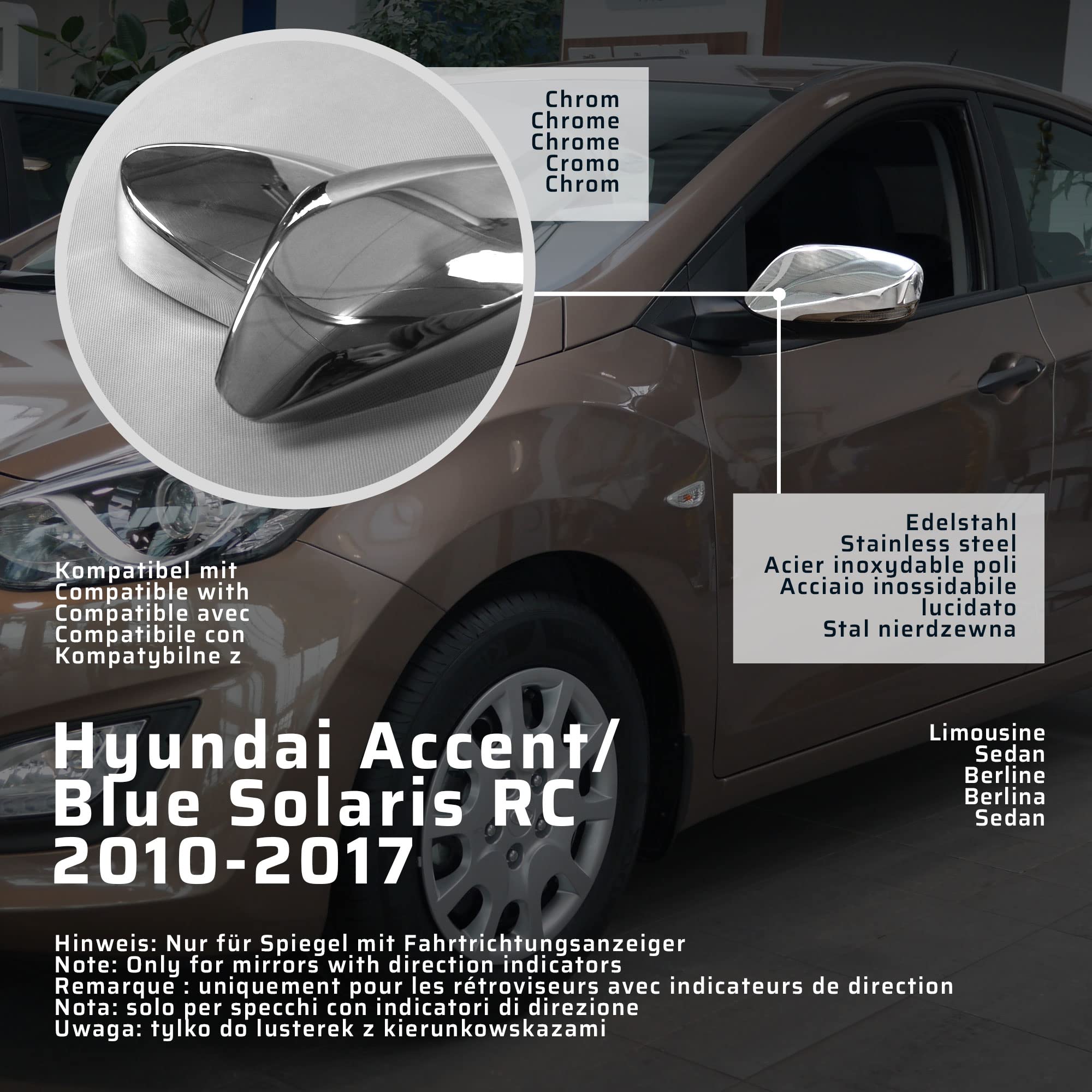 CHROMEMASTER | Nakładki na Lusterka Zewnętrzne | Kompatybilne z Hyundai Accent/Blue Solaris RC Sedan 2010-2017 | Inox/Chrom; Osłony Lusterek to Niepowtarzalny Wygląd Auta i Ochrona Przed Uszkodzeniem
