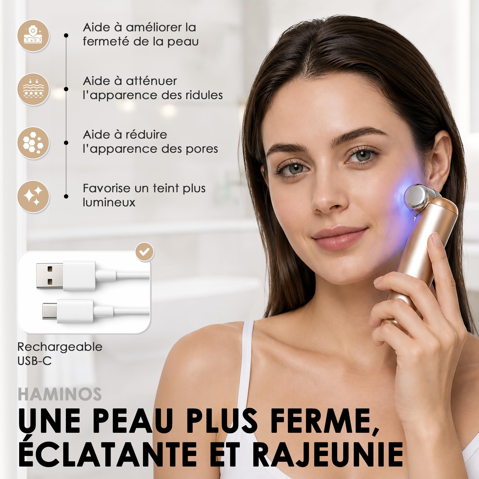 Appareil Visage Microcourant avec Infusion de Sérum, Masseur Visage LED Rouge, Bleue et Violette, 3 Intensités, Appareil Lifting Visage Rechargeable USB-C