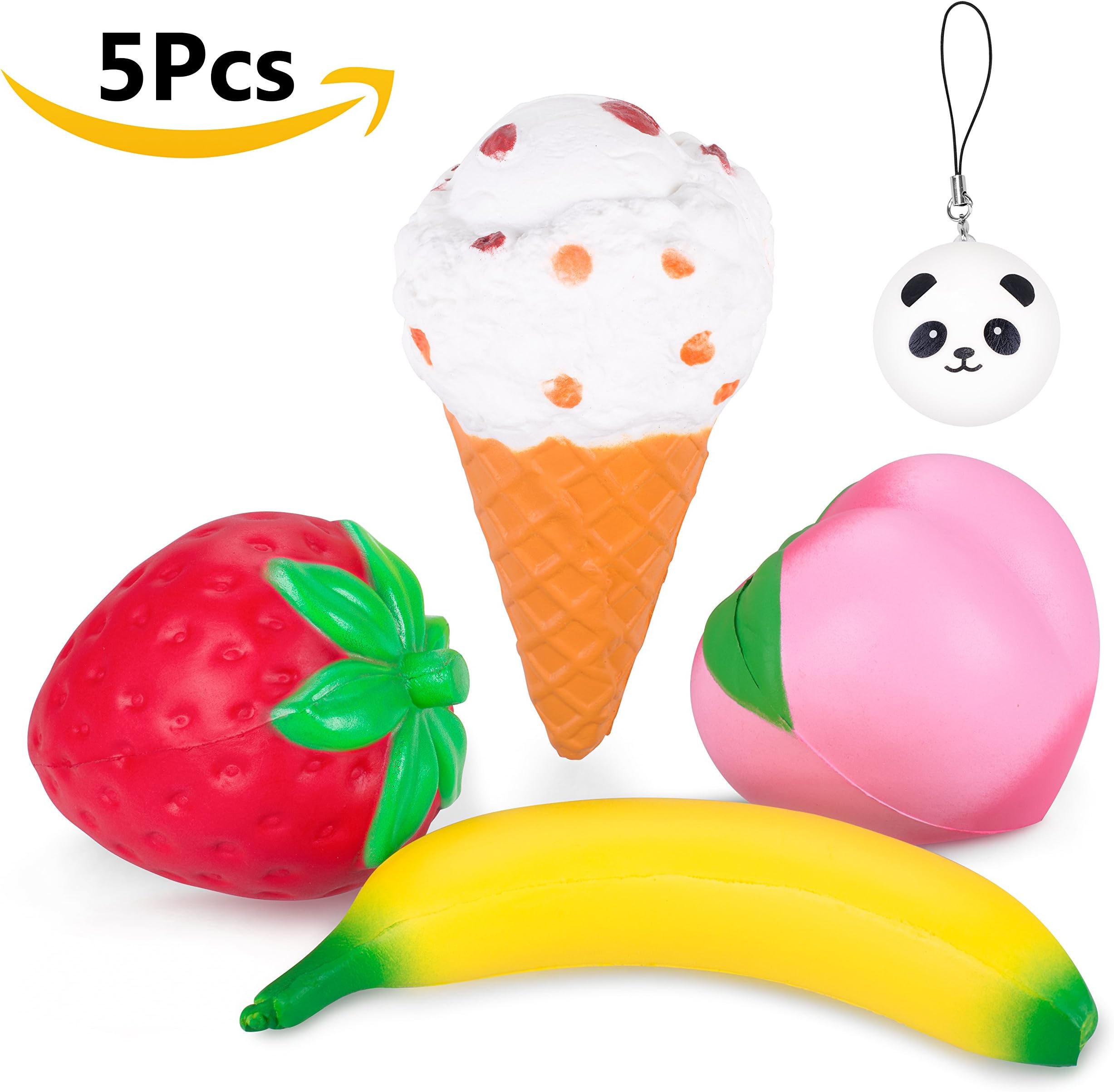 VLAMPO Stress Reliever 5 Pieces Scented Fruit Squeeze Toy Soft Slow Rising Squishy Pack Jumbo for Girls and Boys (Strawberry Peach Banana Ice Cream Cone Panda)