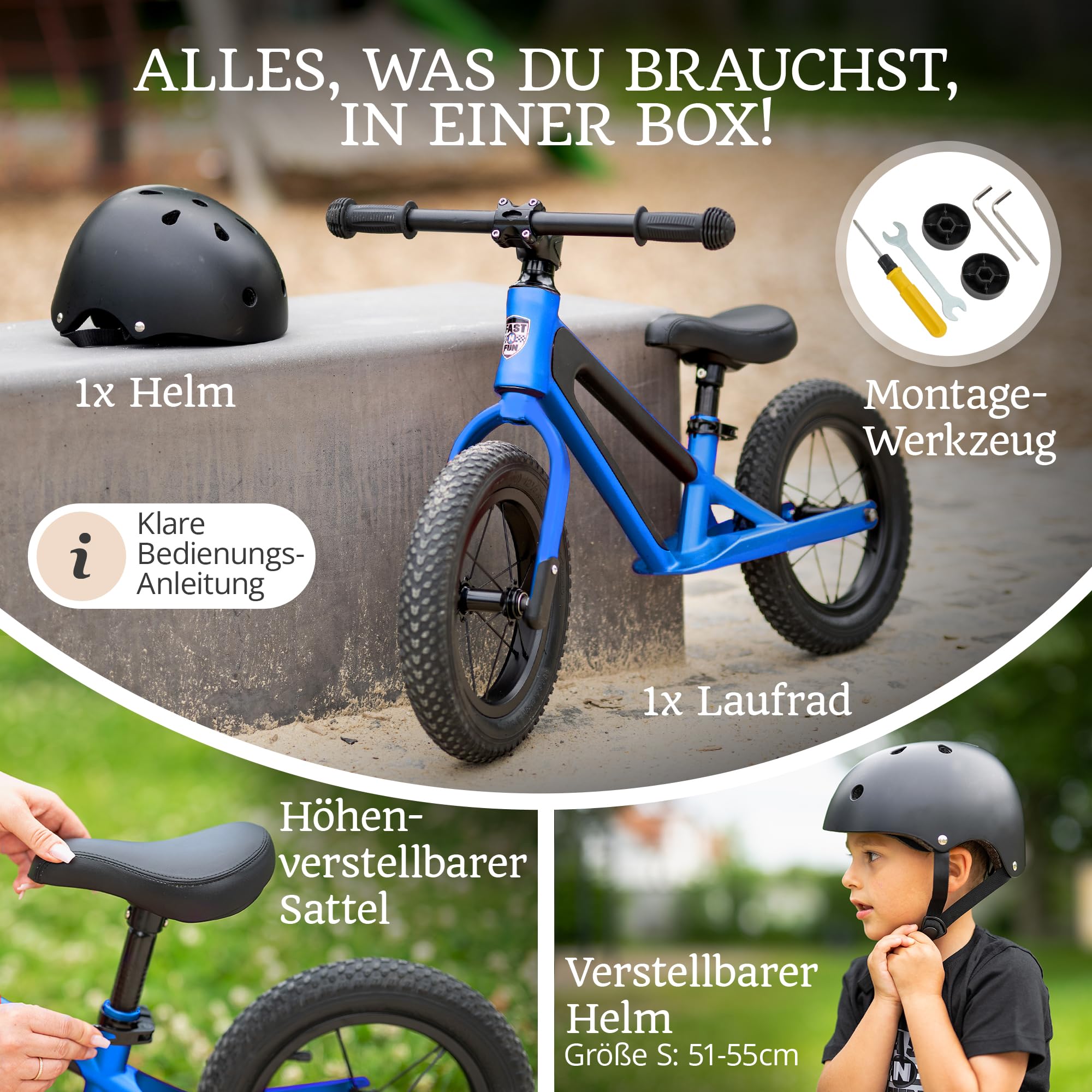 Laufrad ab 2 Jahre [mit Helm] Kinderfahrrad Laufräder | Balance Bike 12" Tragegriff Fußstütze ergonomischer Sitz [höhenverstellbar] Luftreifen Lauflernrad Outdoor Spielzeug Fahrrad Kinder