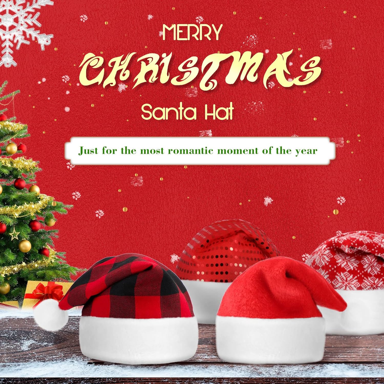 Civaner 8 Pieces Plush Christmas Santa Hats Bulk for Adults Buffalo Plaid Christmas Hats Xmas Snowflake Claus Caps for Unisex Adult Red White Black Color Caps Costume Party Supplies Party Favors