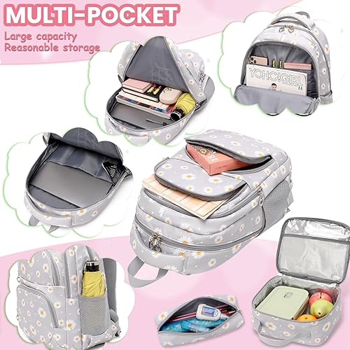 Miniatura 5 de YJMKOI Mochila con estampado de margaritas para niñas de secundaria y primaria, juego de mochila con lonchera (negro)