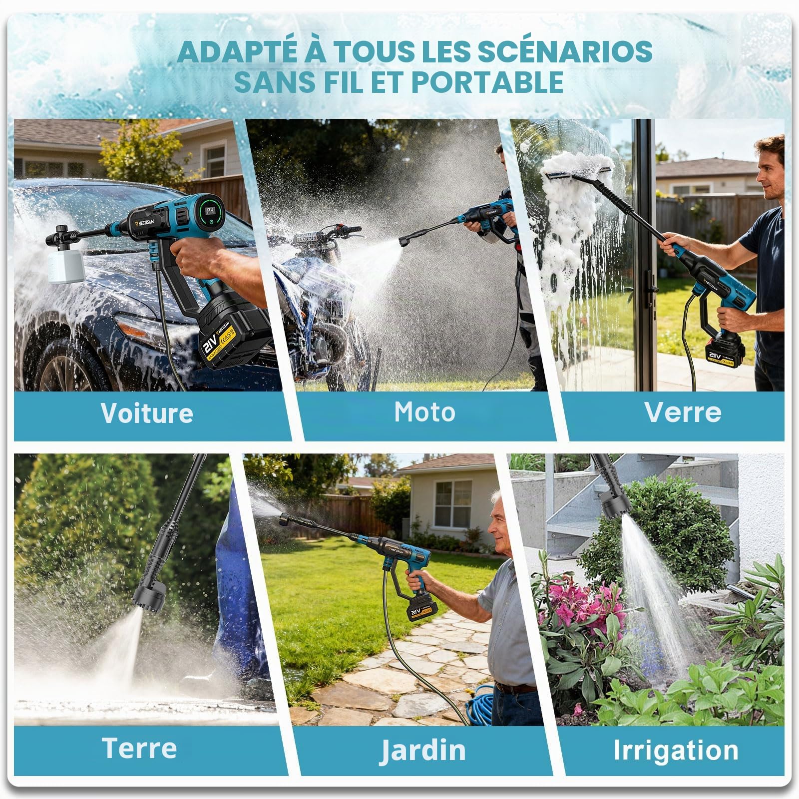 Nettoyeur Haute Pression Sans Fil, Moteur Sans Balais 3000 W,Mode 4 Vitesses,Pression Max 125 Bars, Avec 2 Batteries 4,0 Ah,Buse Pivotante 6 En 1,Brosse De Nettoyage,Tuyau De 5 M,Nettoyage Et Arrosage