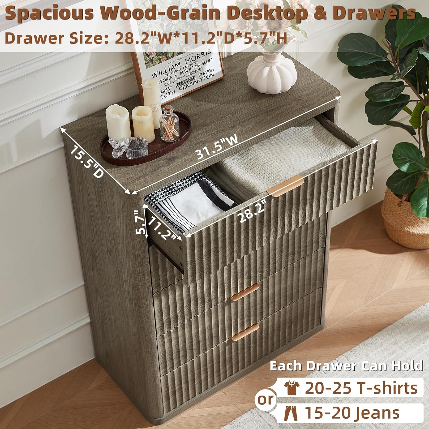 LEYAOYAO Fluted 5 Drawers Dresser for Bedroom, 41" Tall Modern Chest of Drawers with Metal Handle, Curved Profile Farmhouse Closet Organizer Wood Dressers TV Stand for Living Room, Hallway,Grey