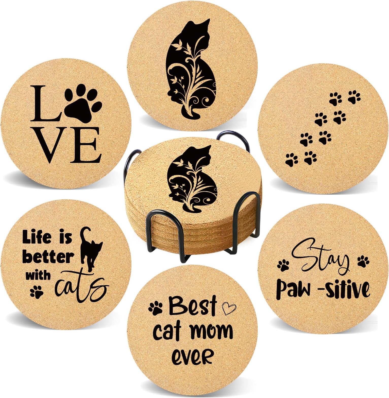 Cute Cat Coasters Set of 6 Absorbent Ceramic Drink Coasters with Holder, Stylish