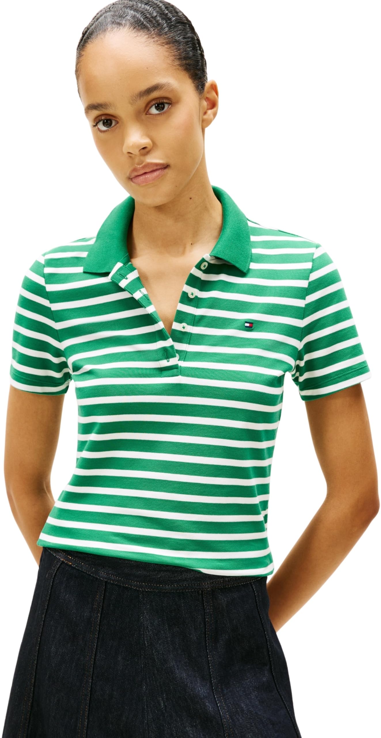Tommy Hilfiger Women's 1985 Slim Pique Polo SS WW0WW43225 S/S Polo, Green (Nouveau Green/Ecru STP), M