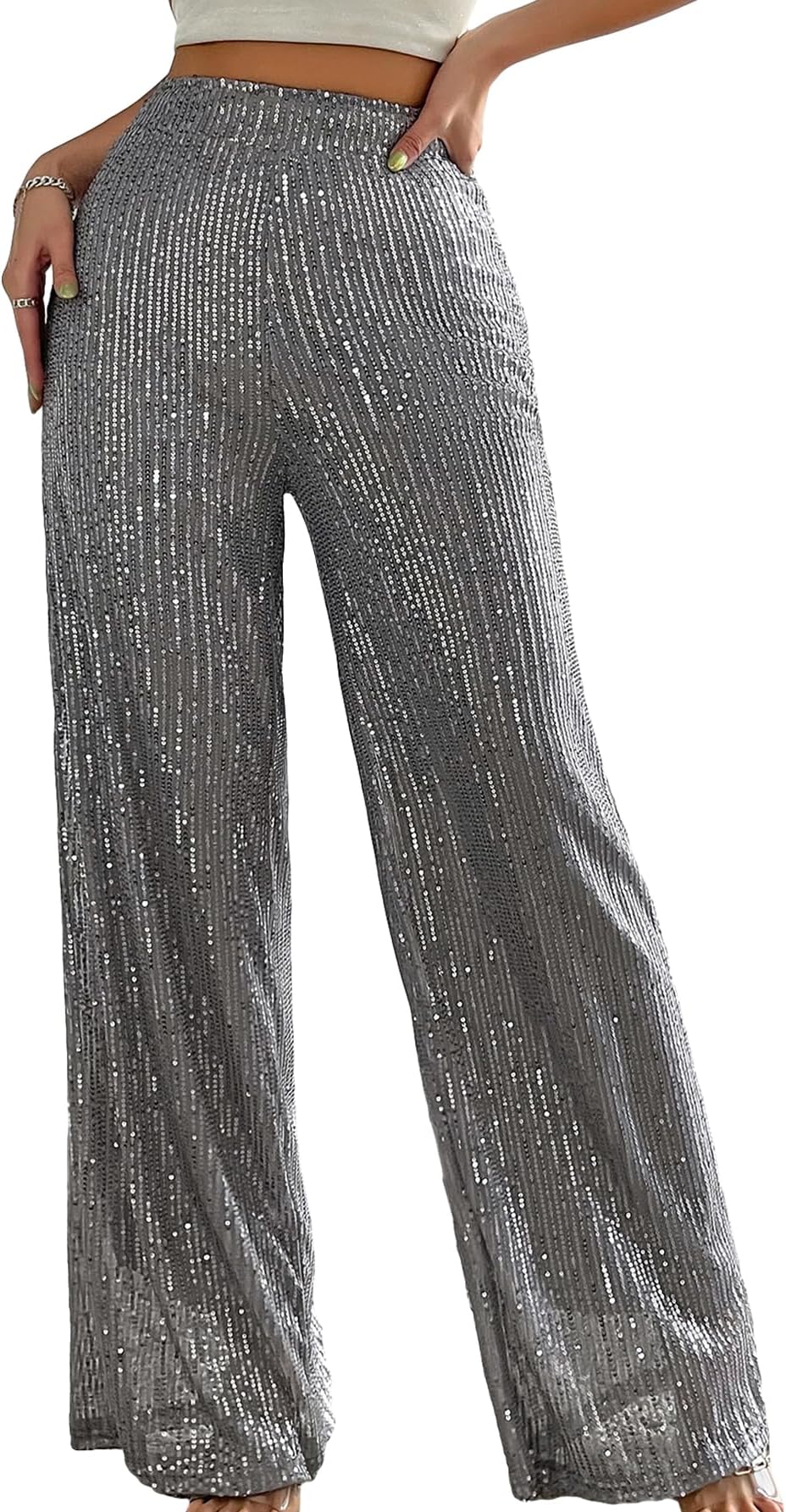 Floerns Women's Contrast Sequin High Waist Wide Leg Party Clubwear Long Pants