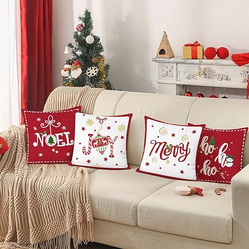 Miniatura 3 de Bonhause Juego de 4 fundas de almohada rojas de Navidad de 18 x 18 pulgadas, almohadas decorativas de Navidad para sofá, cama, decoración del hogar