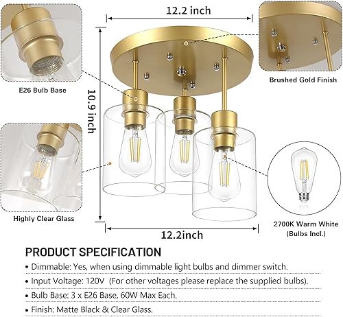 Miniatura 4 de Lámpara de techo semiempotrada con pantalla de vidrio transparente, acabado dorado de latón, 3 lámparas de cocina, lámparas de pasillo, lámparas