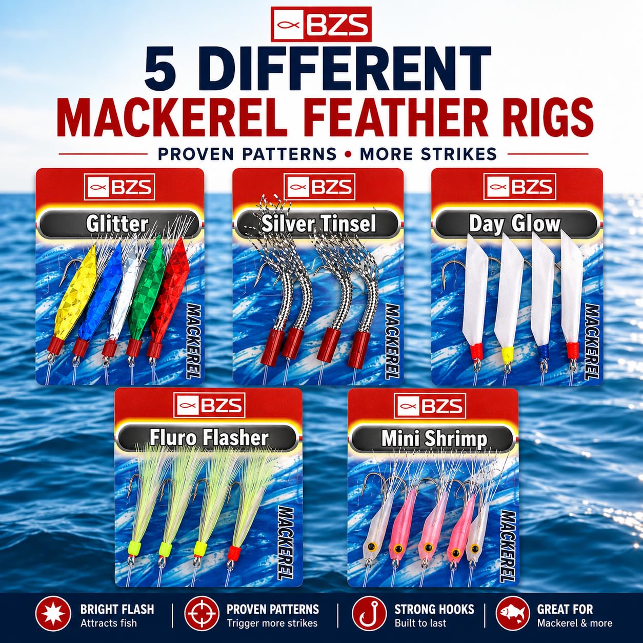 BZS Ganchos mixtos de plumas de caballa para pesca en el mar, paquete de selección con señuelos, accesorios de aparejos de cebo para todas las especies de verano