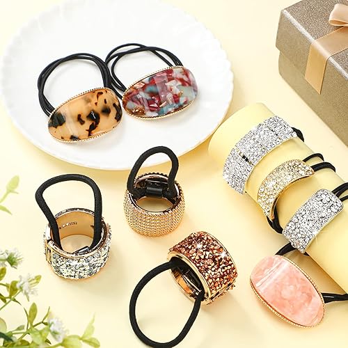 Miniatura 7 de Paquete de 9 pulseras de cola de caballo de metal con diamantes de imitación decorativos para cola de caballo para mujer, banda elástica dorada con