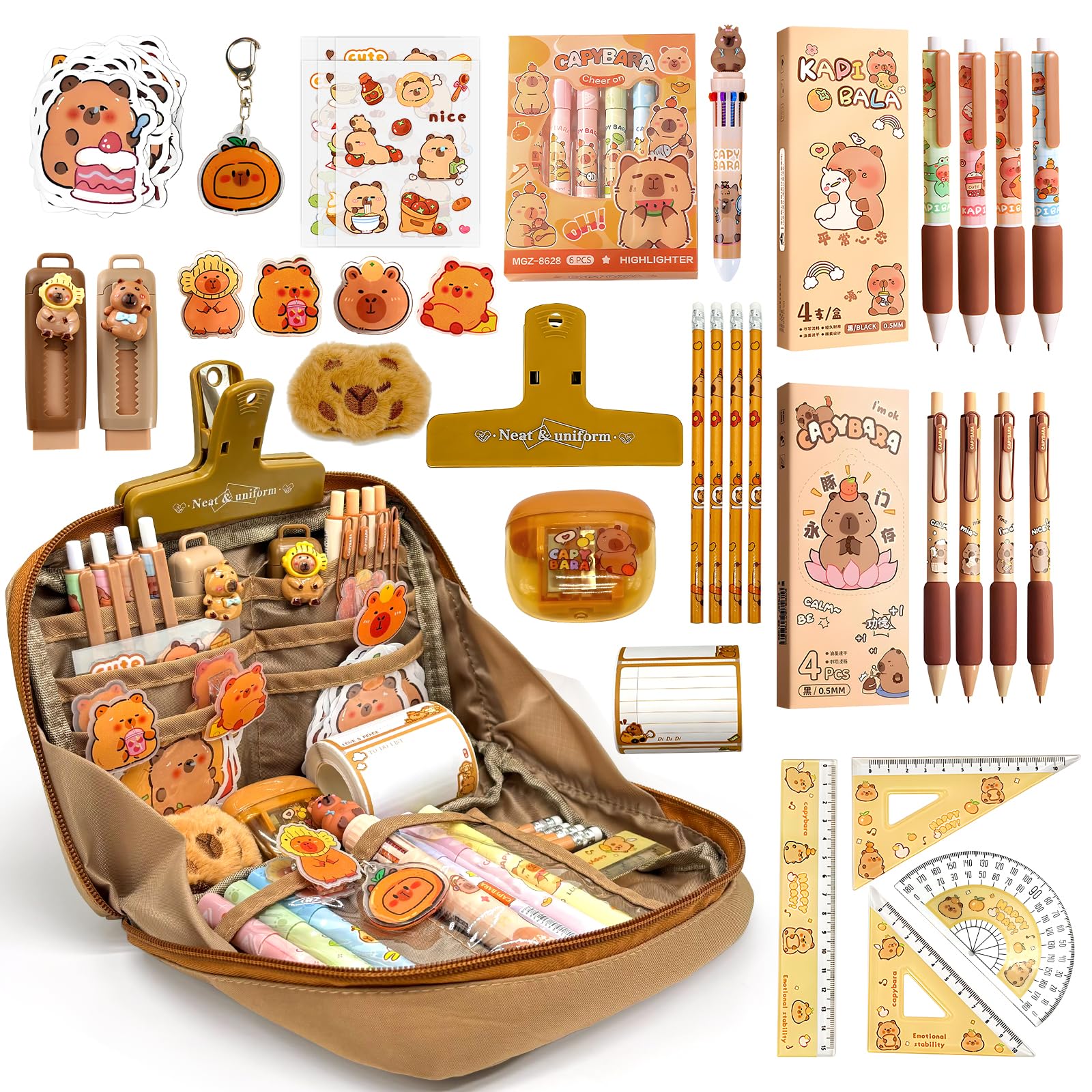 71 Pièces Capybara Papeterie, Trousse Capybara Avec Fourniture, Stylo Capybara Avec Stylos, Autocollants, Règles Cadeau Pour Étudiants Pour Enfants, Étudiants, École