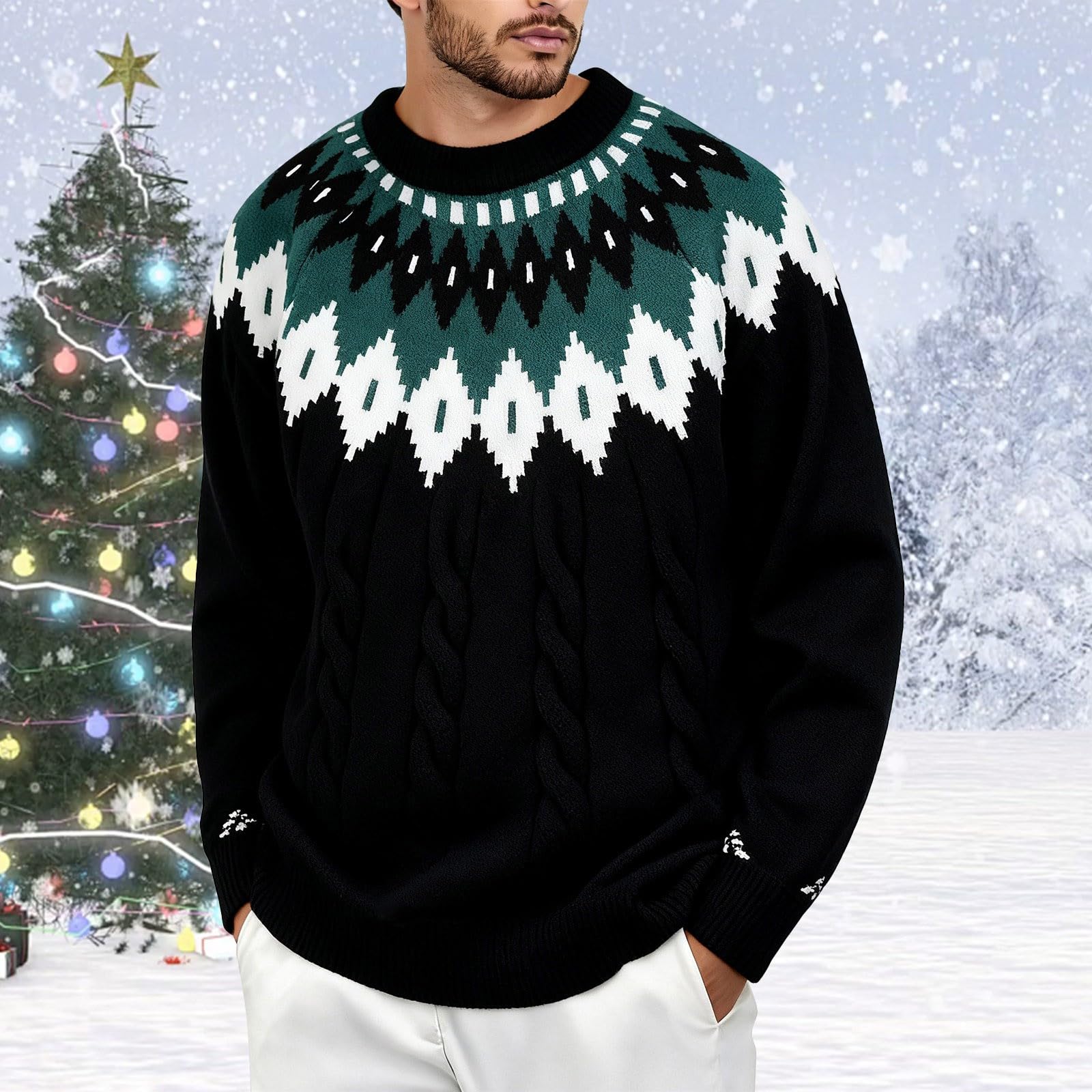 Maglione Natalizio Unisex-Felpa Natalizia Uomo-Maglione Girocollo Casual Invernale alla Moda, Modello Largo, Strato di Base