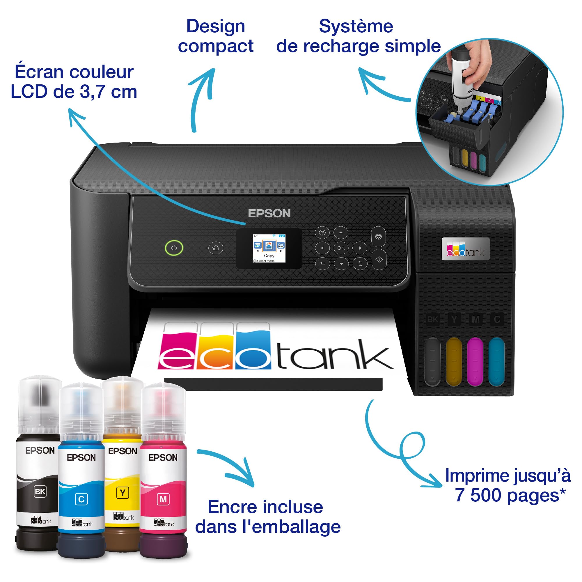 Epson EcoTank ET-2870 Imprimante à Réservoirs D’Encre | Maison & Petit Bureau | Wi-FI | A4 | Imprimer, Copier, Numériser | Écran LCD 3,7cm | Jusqu’à 3 Ans d’Encre Inclus