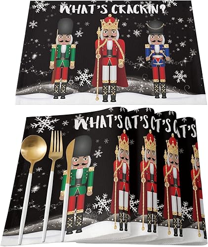 Juego de 4 manteles individuales de cascanueces de Navidad, resistentes al calor, manteles de mesa de soldado, de tela lavable para mesa de comedor,