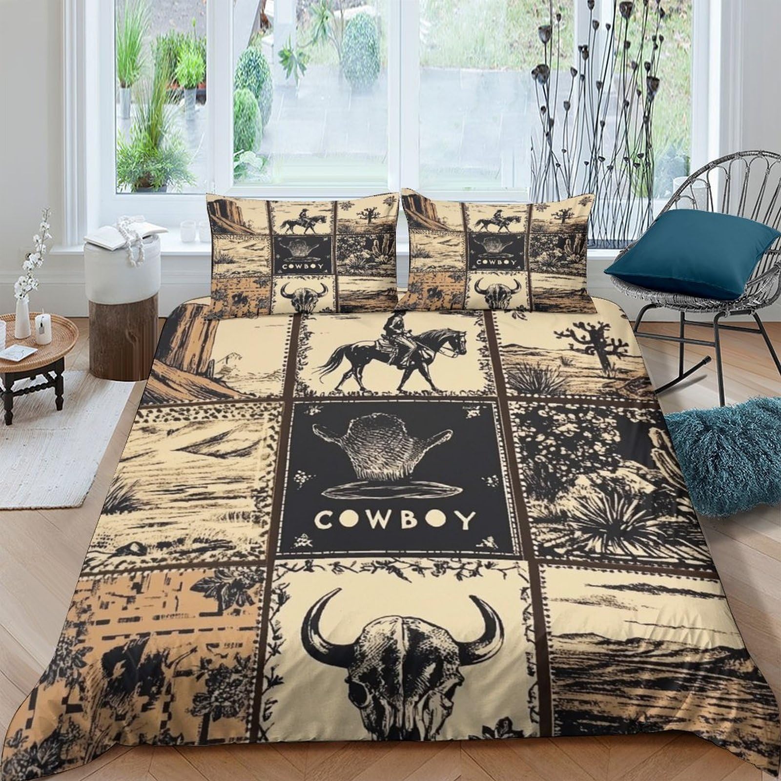 GPLZQXKJNH 3D Printed Cowboy Western Duvet Cover Microfiber Soft Breathable Bull Skull Bedding Set with 2 Pillowcases for Bedroom Home Decor Single（135x200cm）