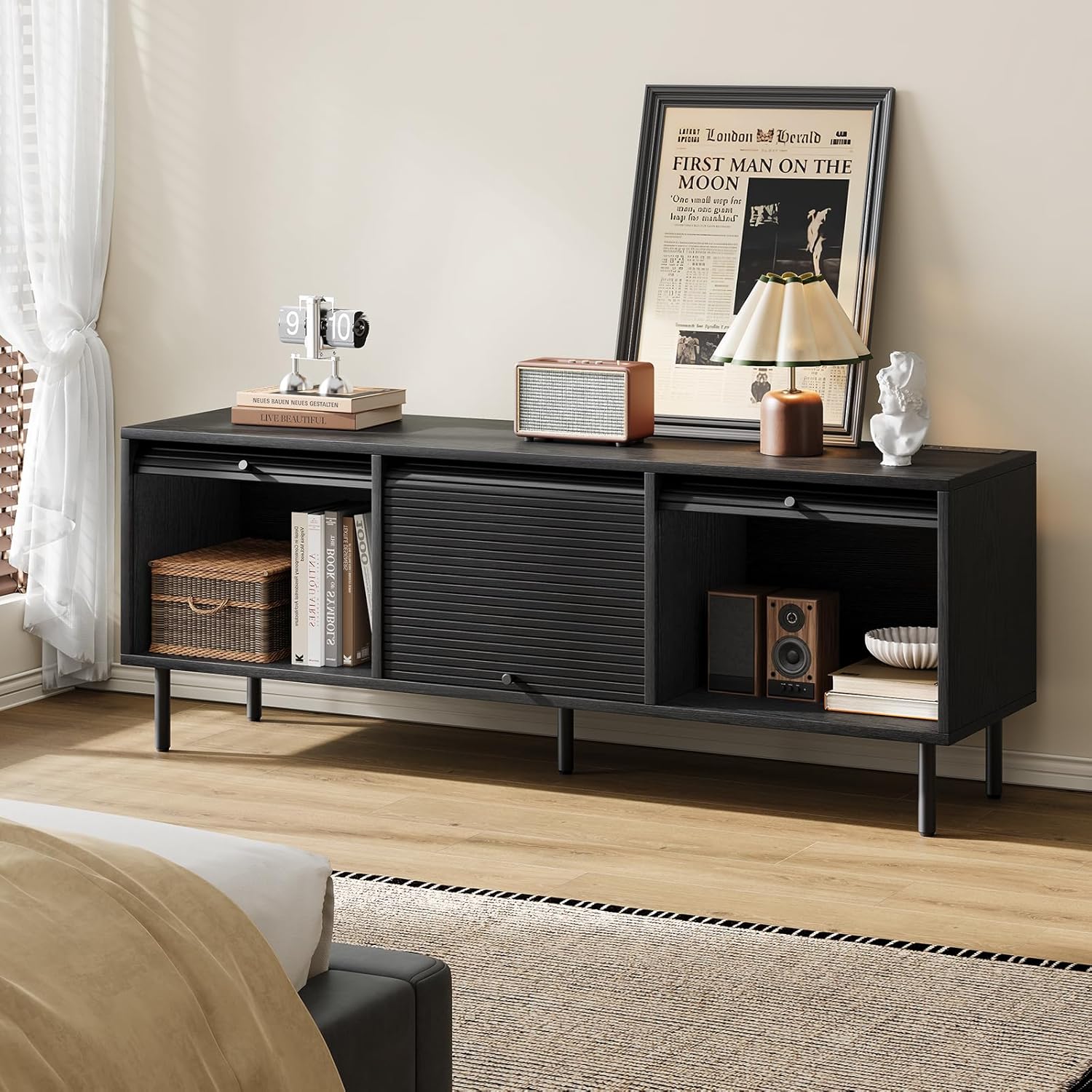 59 Inch TV Stand with Power Outlet for TVs up to 65 Inch, Entertainment Center with Storage, Mid-Century Modern TV Console, Adjustable Shelf & Sliding Doors, TV Stand for Living Room, Bedroom, Black