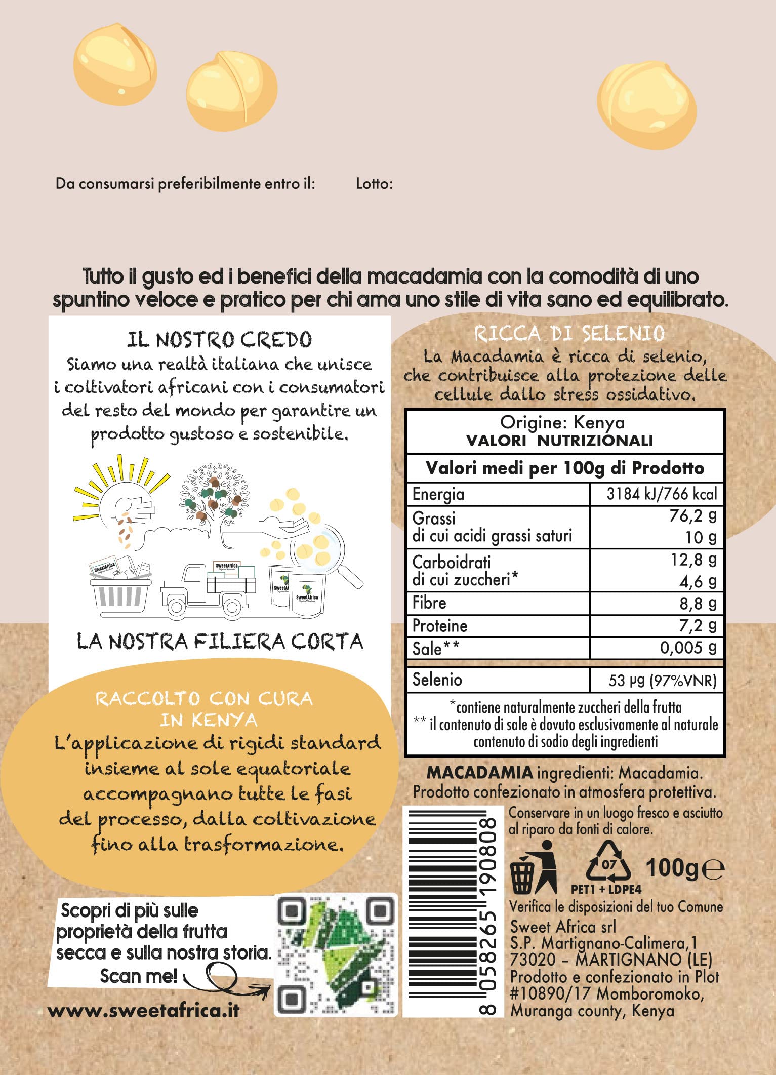 SweetAfrica - Good Macadamia Naturale - Snack di frutta secca - 100g x 6pz