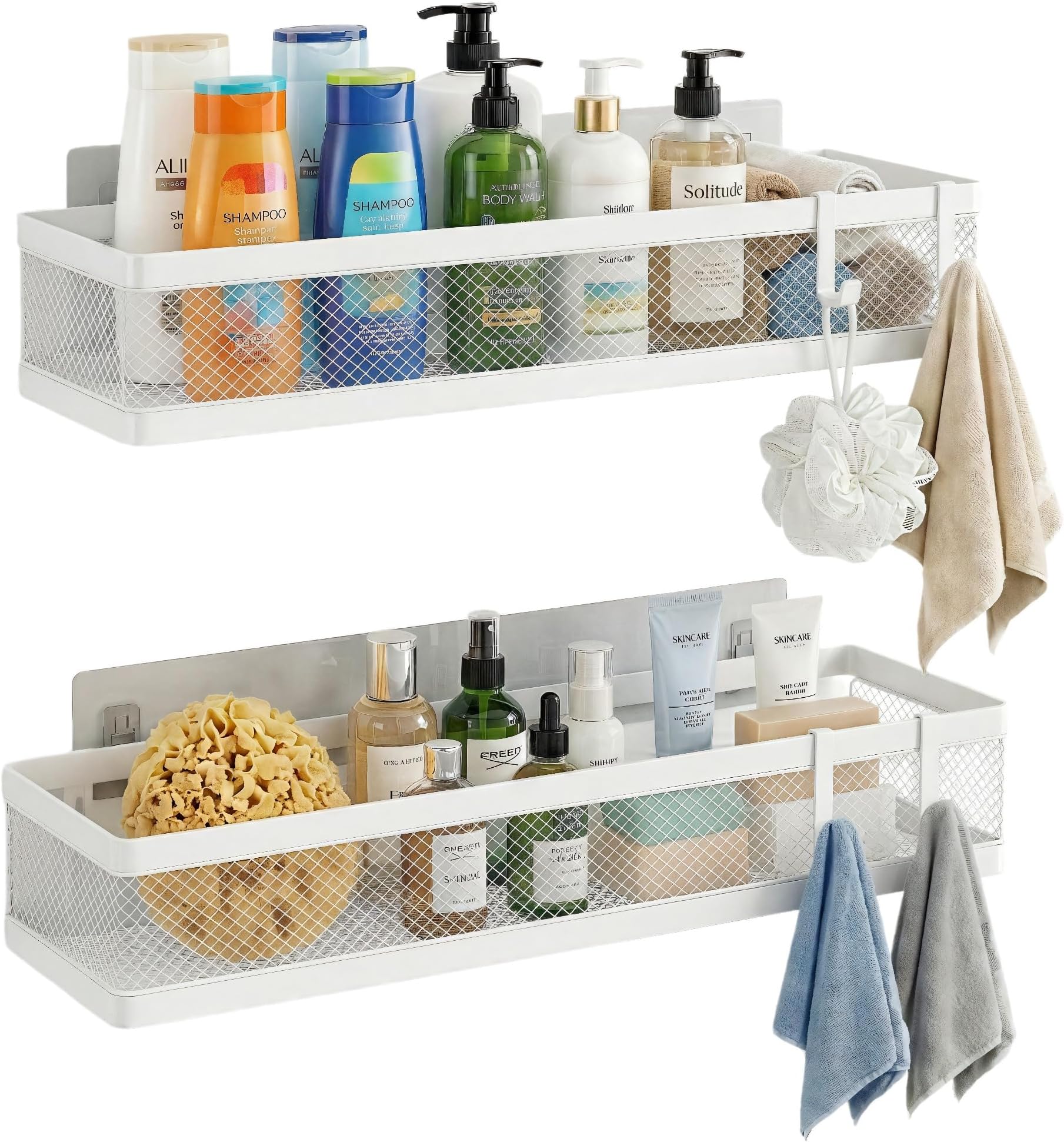 PUSDON 16.5-Inch Extra Long Slim Mesh Shower Caddy, Wall Mounted Bathroom Organizer with Adhesive, Heavy Duty Rustproof Shelf for Narrow Kitchen Pantry & RV, Holds 50 LBS 2-Pack - White Netting