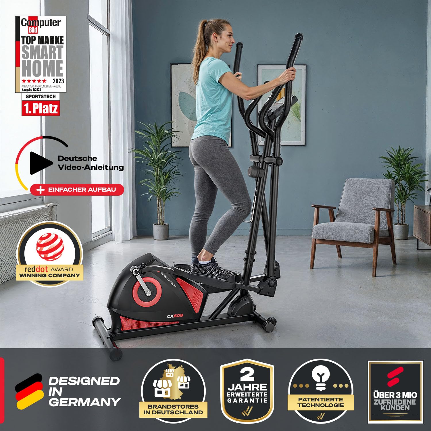 Sportstech CX608 Crosstrainer für Zuhause, leiser Ellipsentrainer mit 8 Widerstandsstufen, 10 kg Schwungrad, LCD Display, Pulssensor bis 120 kg, Fitnessgeräte für Zuhause