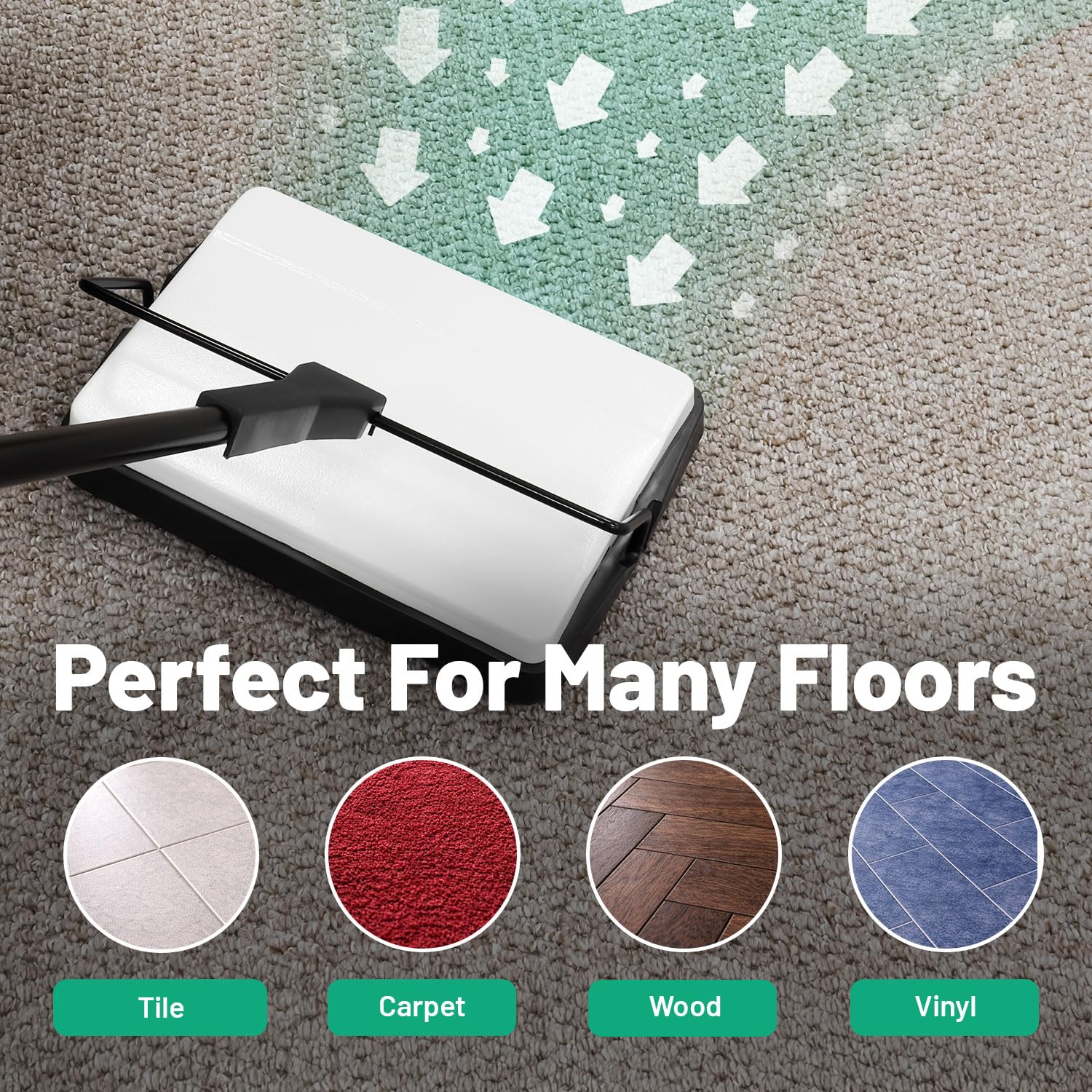 Eco Sweep Kehrmaschine für verschiedene Oberflächen, leicht, kabellos, für Teppiche, Fliesen, Laminat, Holz, Vinyl, kein Strom, mit rotierendem Borstensystem, für Staubkrümel und Schmutz
